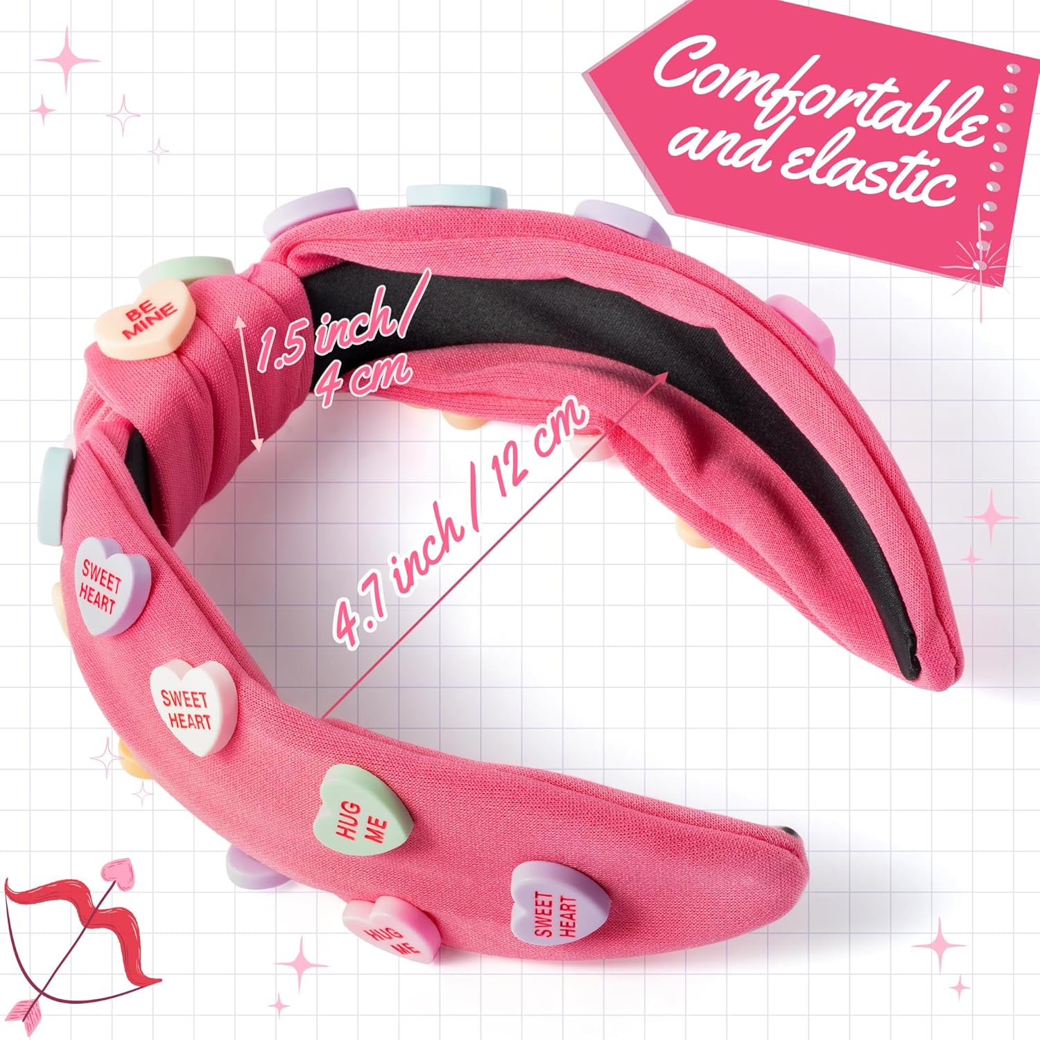 PANTIDE Valentine's Day Conversation Heart Knotted Headband - Love Candy Embellished Headband Non Slip Wide Top Knot Fashion Hairband Hair Accessories Birthday Gift for Women Girls (Hot Pink) - Image 2