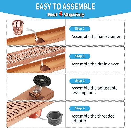 Miniatura 5 de Drenaje lineal de ducha de 24 pulgadas, drenaje de piso con rejilla de patrón extraíble, drenaje lineal rectangular de acero inoxidable 304 con