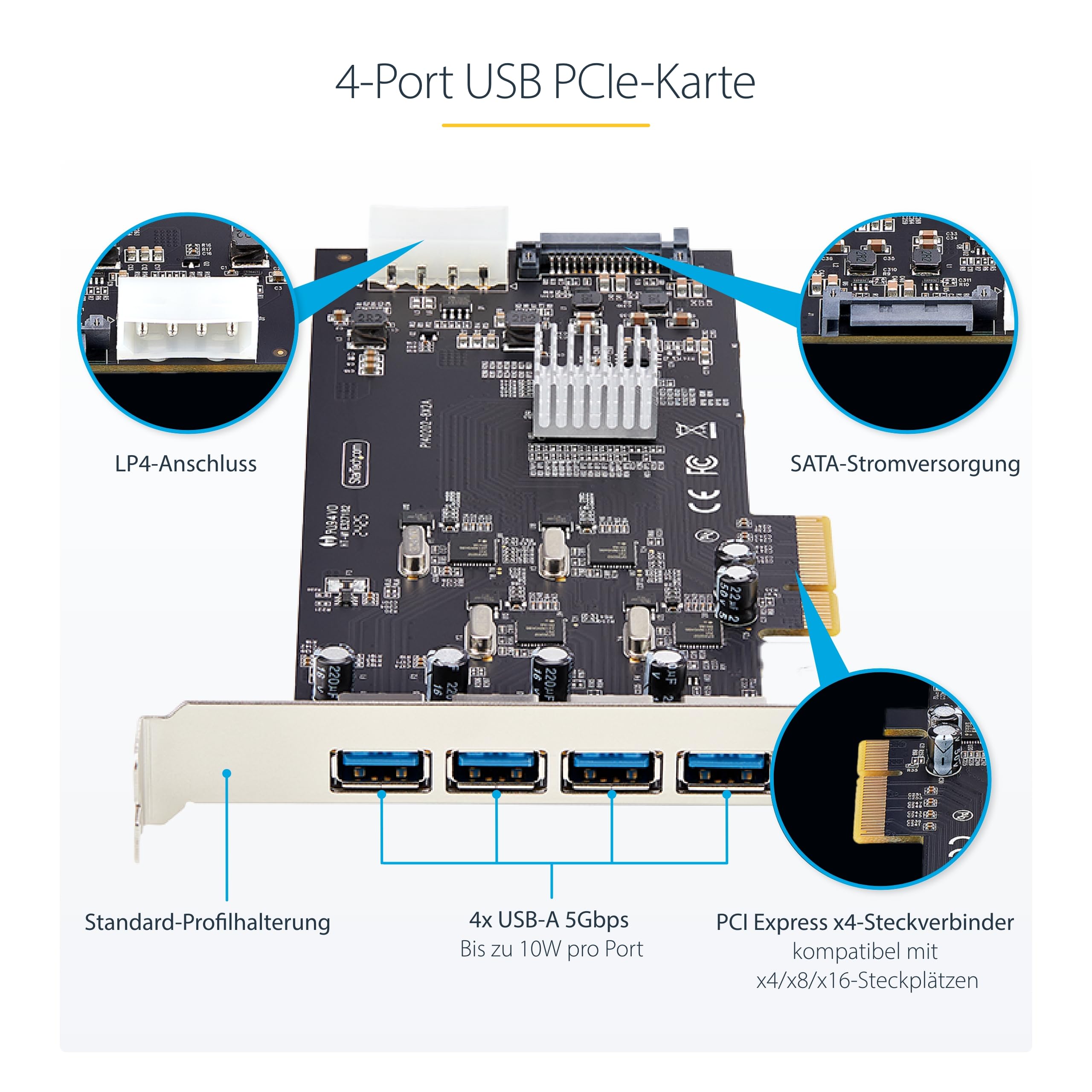 StarTech USB PCIe Karte 4 Ports, 5 Gbit/s, 4X USB-A (P5Q4A-USB-CARD) | USB 3.2, 4 unabhängige Controller, PCI Express 2.0 x4, Horizontale Anschlüsse, SATA/LP4 Strom