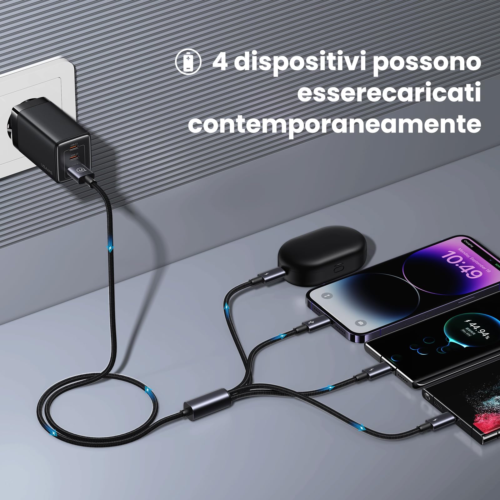 Pluggify Cavo di ricarica multipla 4 in 1 universale in nylon intrecciato multi caricatore cavo di ricarica con iP/Micro USB / 2 tipo C connettore per telefono/tablet, 1,2 m