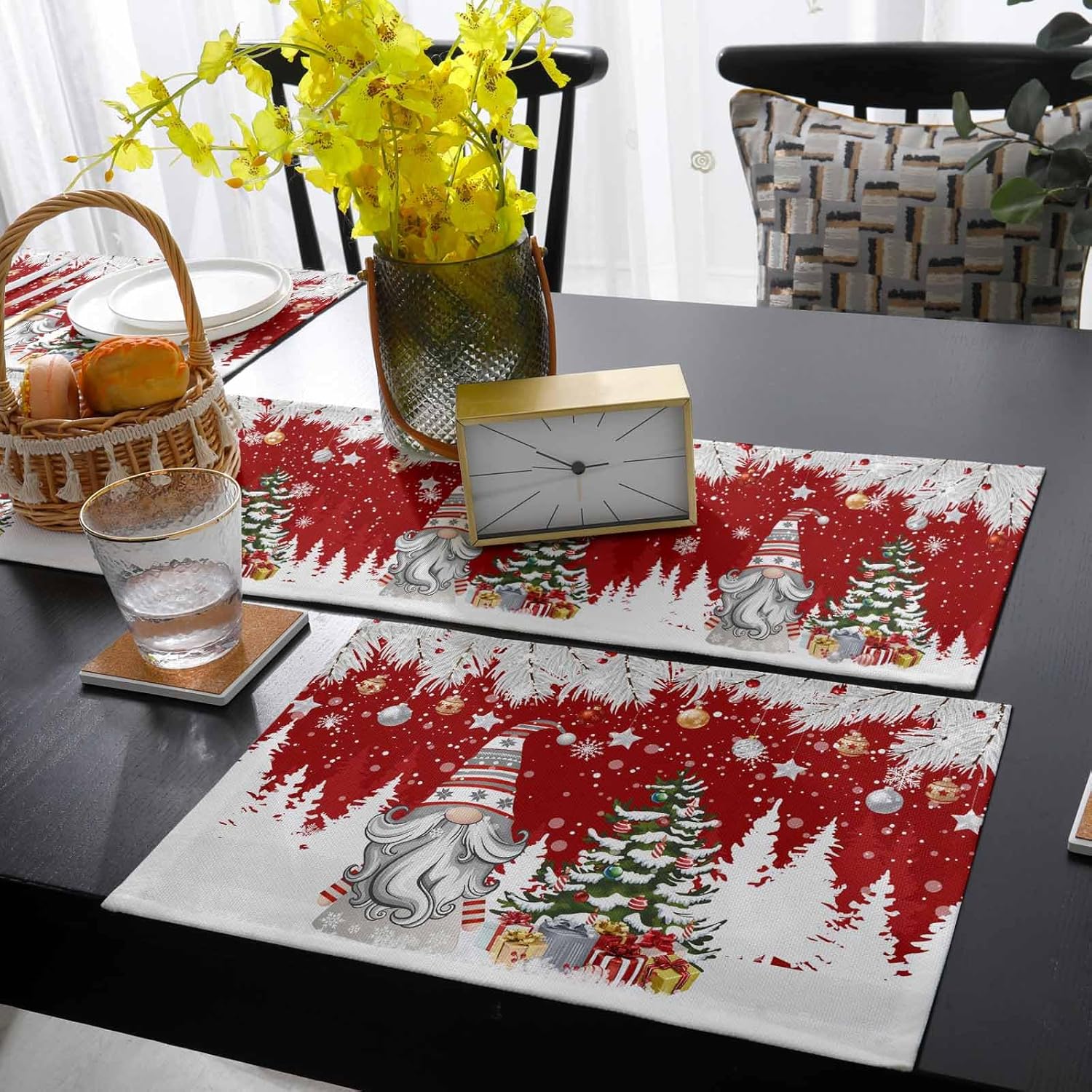 Christmas Table Runner with Placemats Set of 4, Cotton Linen Kitchen Dining Mats Long Table Cover 13"x90" Winter Silver Leaf Xmas Ball Snow Gnomes Table Mats Set for Living Room/Dresser/Dining