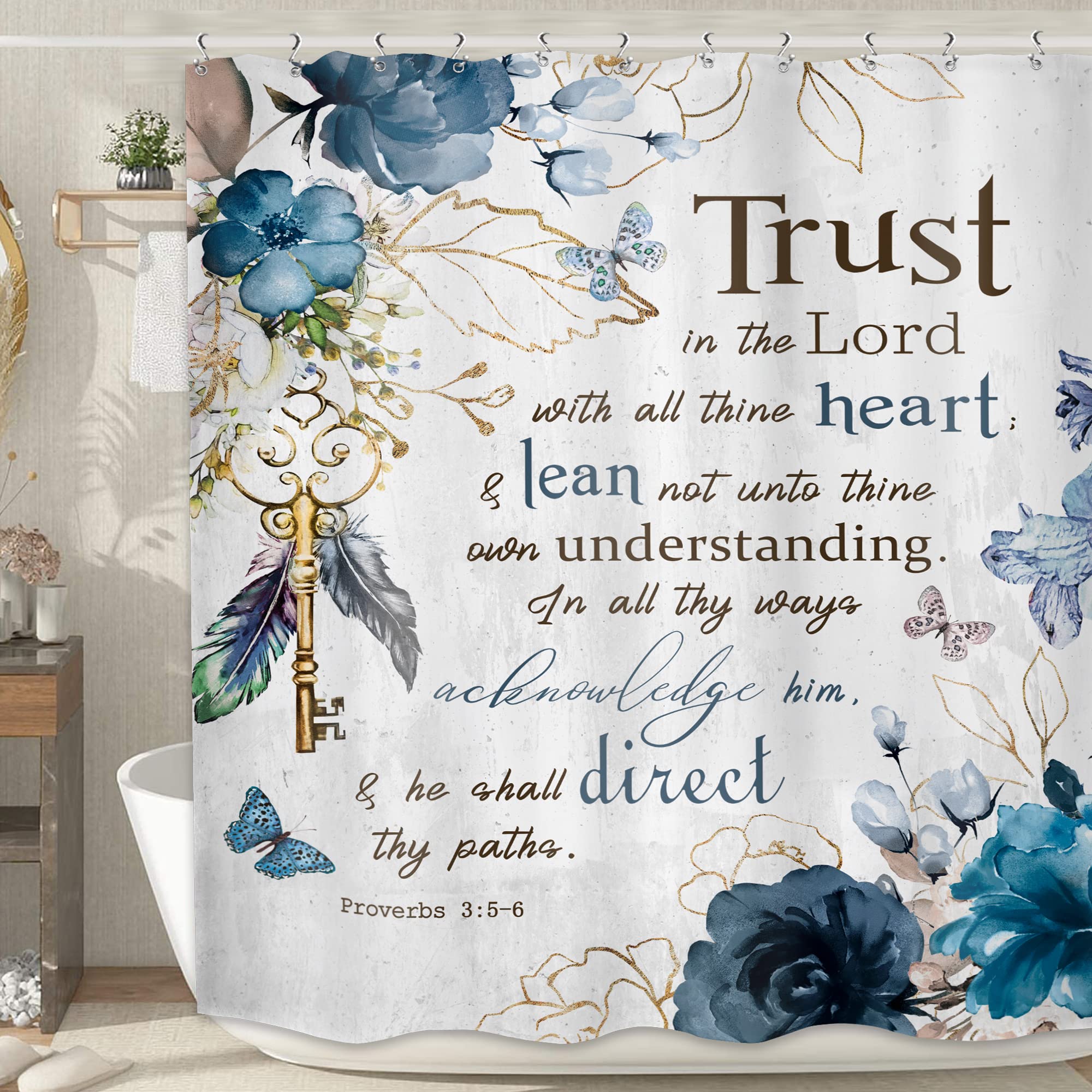 MESHELLY Teal Floral Christian Shower Curtain 72Wx72H Rustic Blue Flower Bathroom Curtain Bible Verse Inspirational Quote Bath Curtain Cloth Fabric