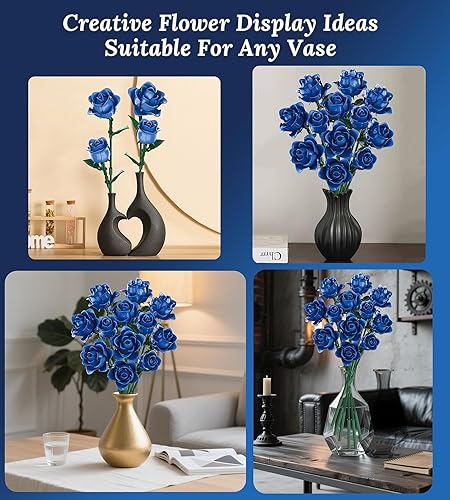 Miniatura 5 de Juego de construcción de ramo de flores de rosas azules, compatible con flores de Lego, flores artificiales, colección botánica, regalo para