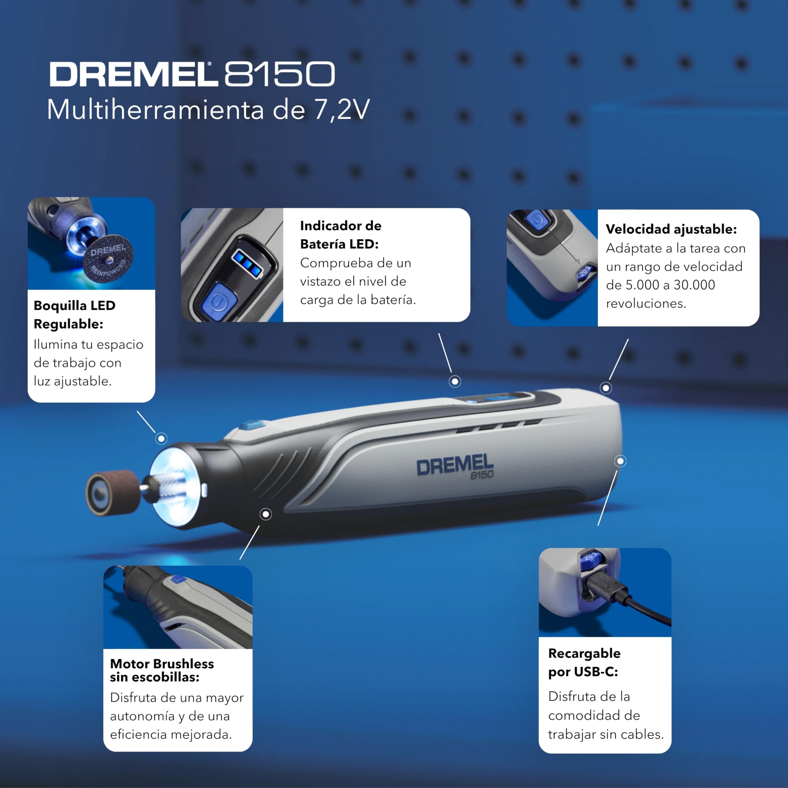 Dremel 8150 Multiherramienta a batería de 7,2 V 2Ah sin escobillas Herramienta Rotativa recargable por USB-C, 20 accesorios, Velocidad Variable 5.000-30.000 RPM, luz LED, corte, lijado, tallado