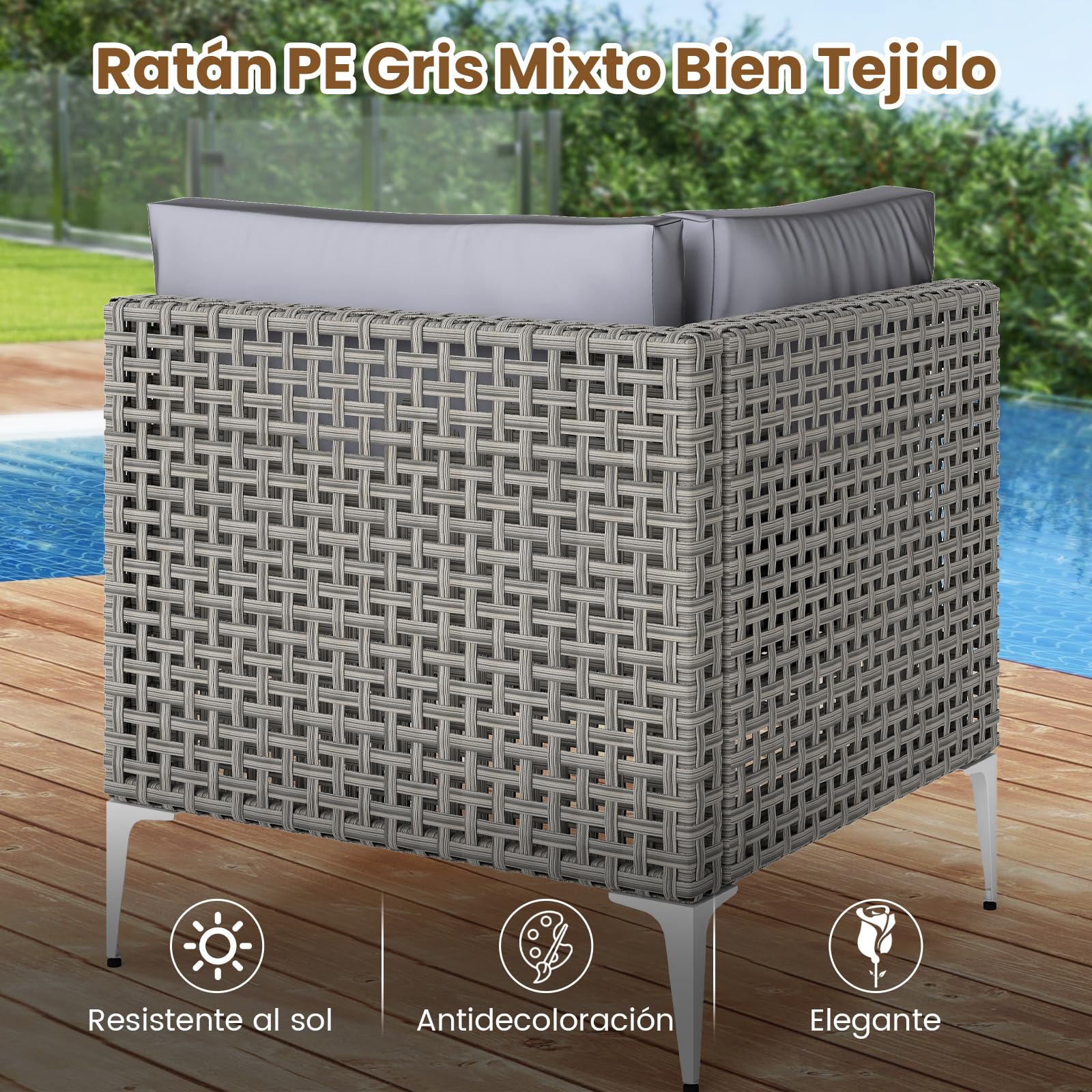 COSTWAY Conjunto Jardin Exterior 5 Piezas de Ratan PE, 1 Sillon de 2 Plazas, 2 Sofas, Mesa de Café de Cristal Templado, Cojines de Asiento y Respaldo, Mesa y Sillas Jardin Terraza Balcon (5 Piezas)