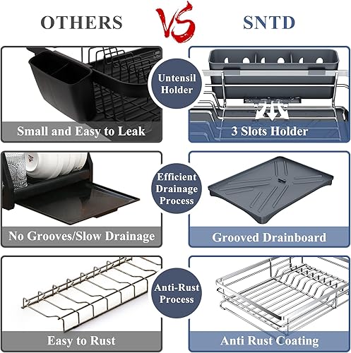 Miniatura 9 de Escurridor de platos de acero inoxidable para encimera de cocina, escurridor de platos de gran capacidad con soporte para cubiertos, organizador de