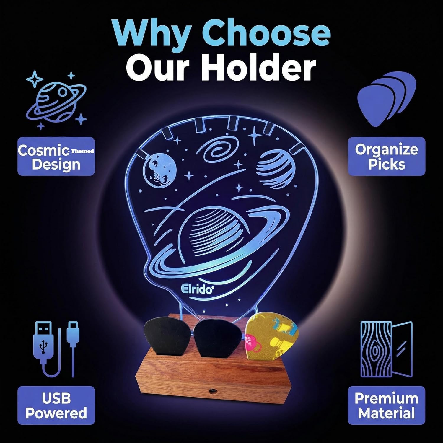 Elrido Guitar Pick Holder with Cosmic-Themed Glowing Design, Heart-Shaped Display Case for Picks Storage, USB Powered Guitar Accessories, Unique Gift for Guitar Players, Collectors, Performers (Blue)