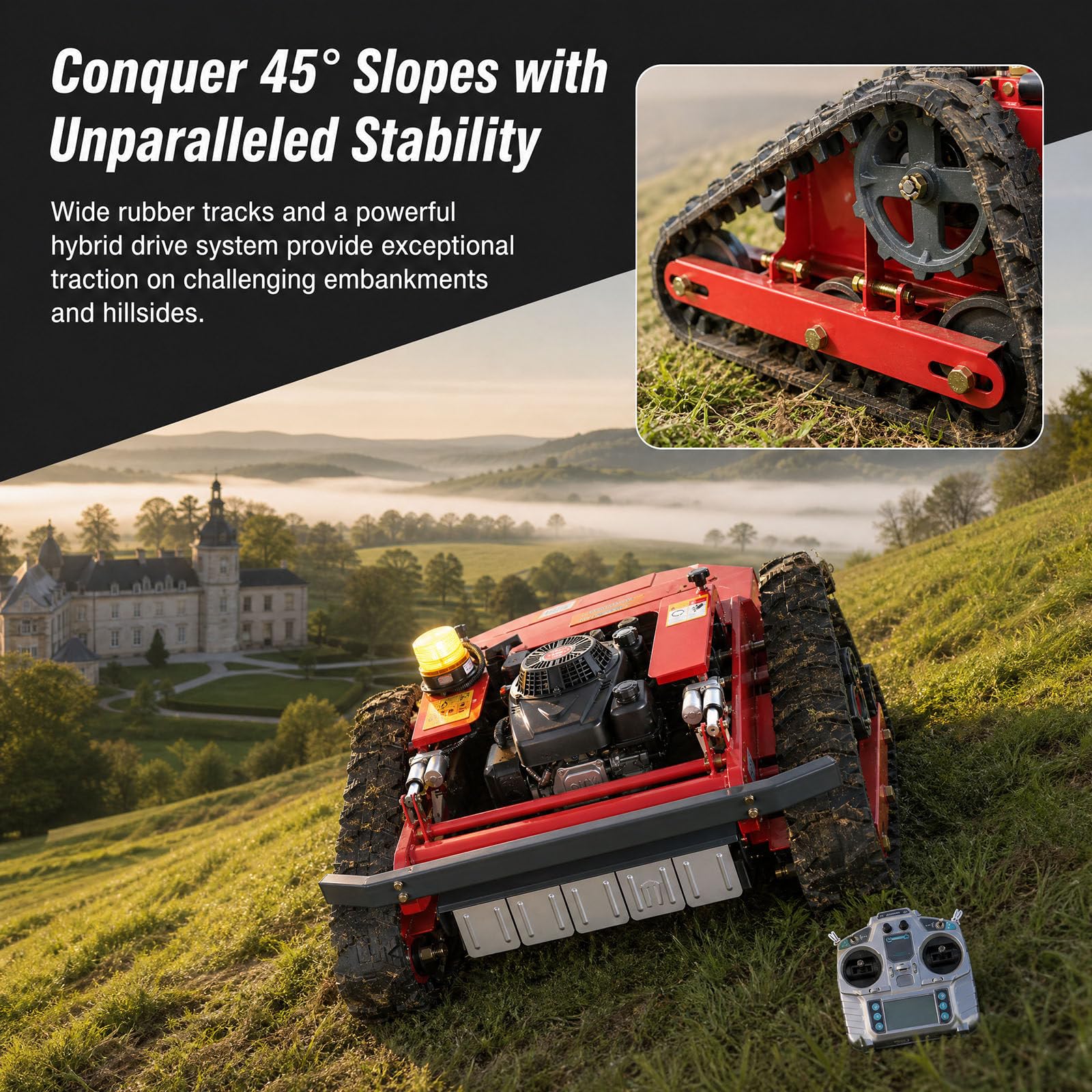 Cortacésped Oruga a Control Remoto – Motor De Gasolina 224 CC, Ancho De Corte 550 Mm, Capacidad De Pendiente 45°, Arranque Eléctrico + Arranque Manual, para Terrenos Empinados