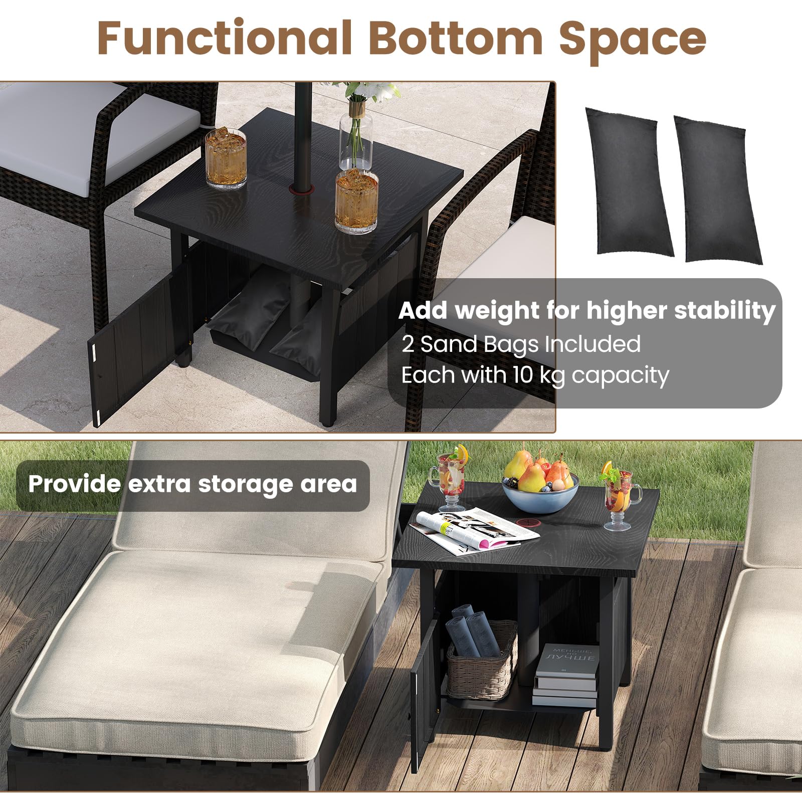 KOMFOTTEU Mesa de Jardín con Orificio para Sombrilla de Ø48 mm, Mesa de Café Rectangular con 2 Bolsas de Arena, Mesita Auxiliar Baja con Patas Ajustables, para Balcón, Patio, Negro