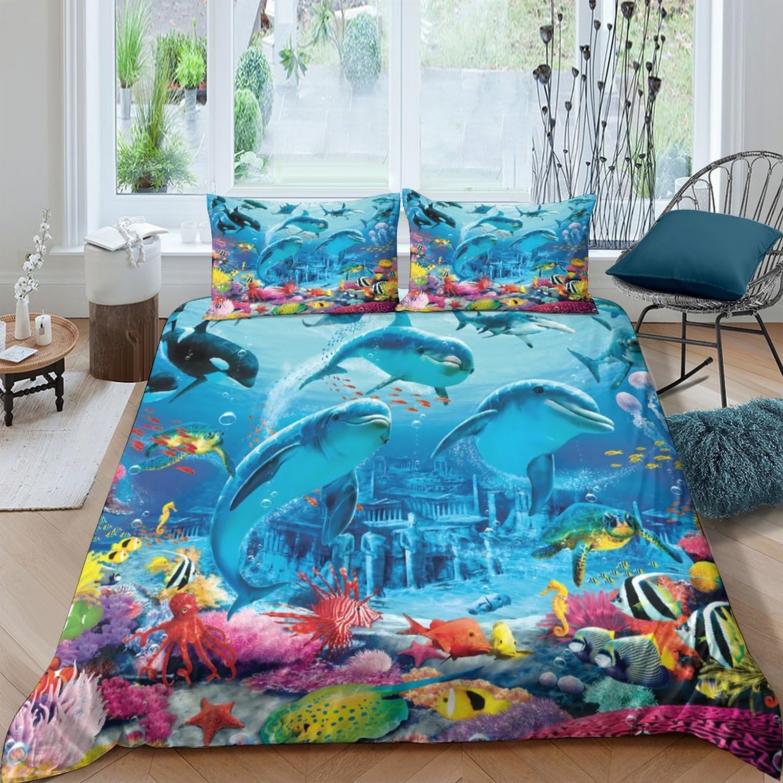 Ctjqhvkz Style-2 3D Printed Ocean Dolphin Fitted Sheet Microfiber Soft Blue Underwater Coral Bed Cover For Bedroom Guest Room Decor Single（135X200cm）