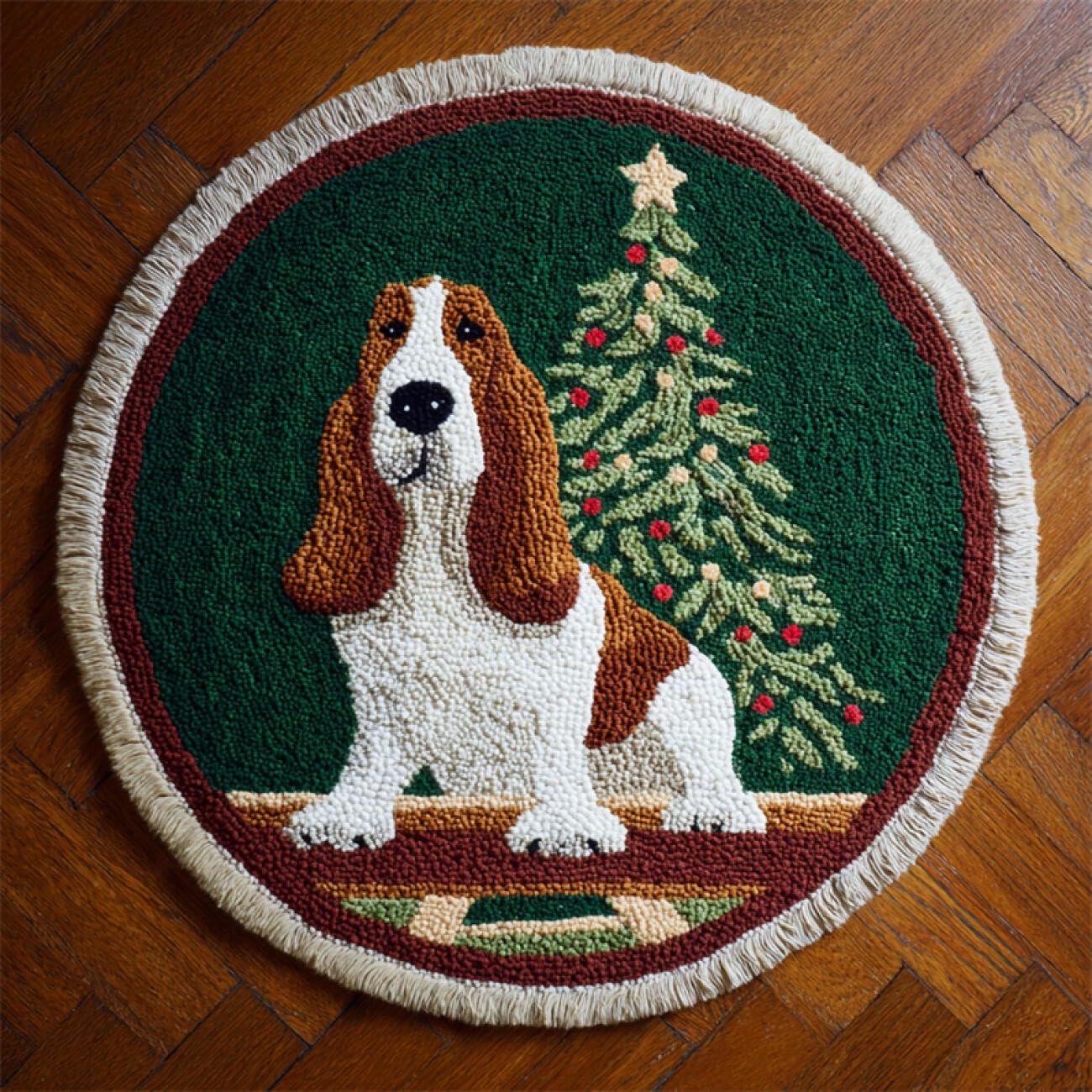 Kitquiver Dog Animal Rug Making Kits Basset Hounds and Christmas Trees DIY Rug Making Craft Kits with Yarn & Canvas and Crochet Needle Embroidery Decoration 50x50cm