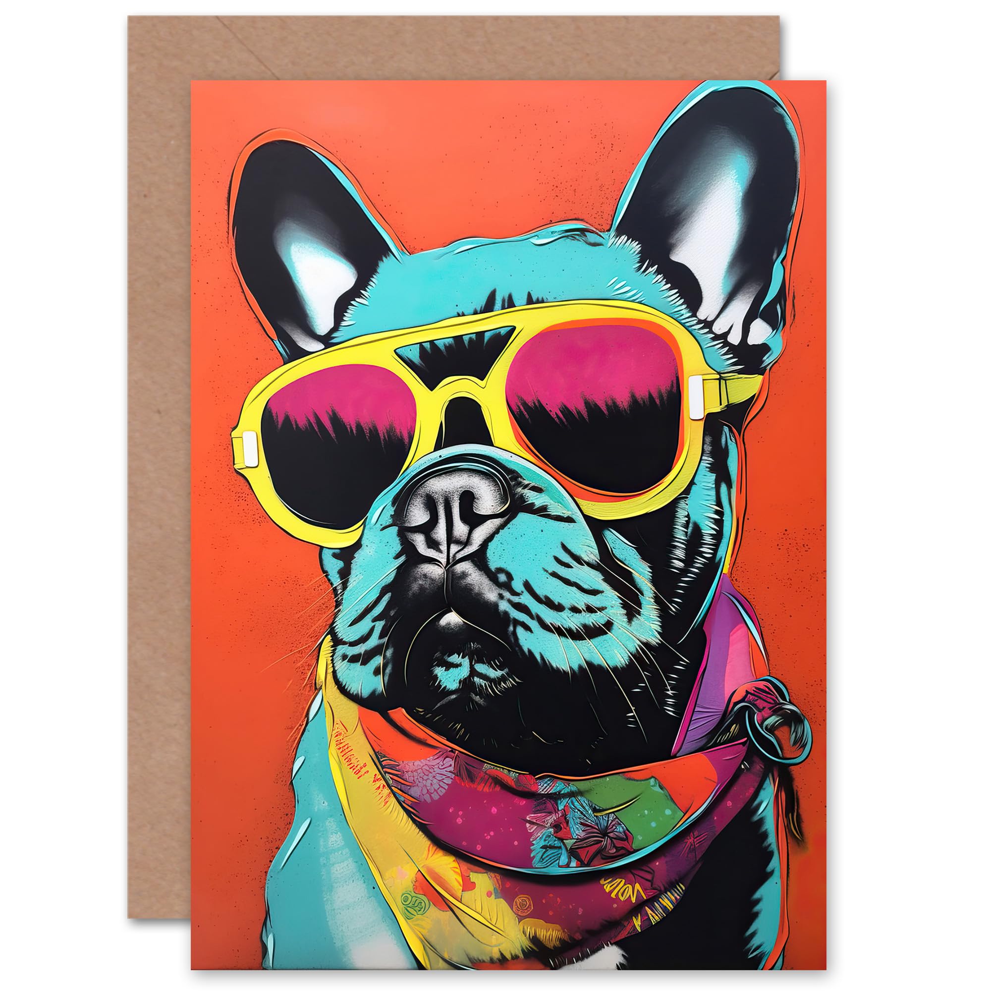 Artery8 Bulldog and Bandana Fun Bright for Husband Him Dad Son Brother Birthday Thank You Congratulations Blank Art Greeting Card
