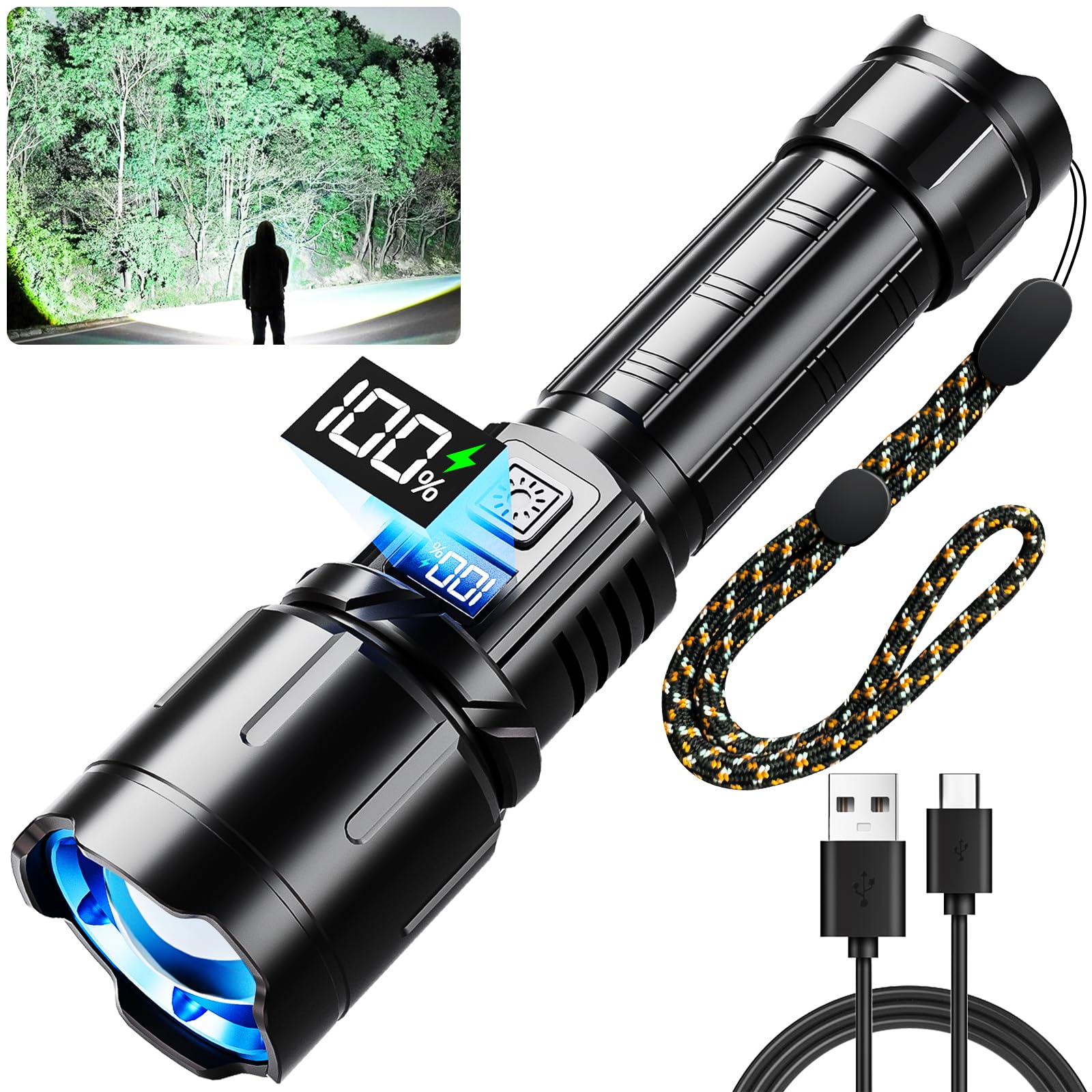 Rechargeable Flashlight 990000 High Lumen, Brightest LED Flashlights with IPX7 Waterproof, Zoomable, 6 Lighting Modes Super Bright Flash Light, Tactical Flash Light for Outdoor, Camping, Emergency