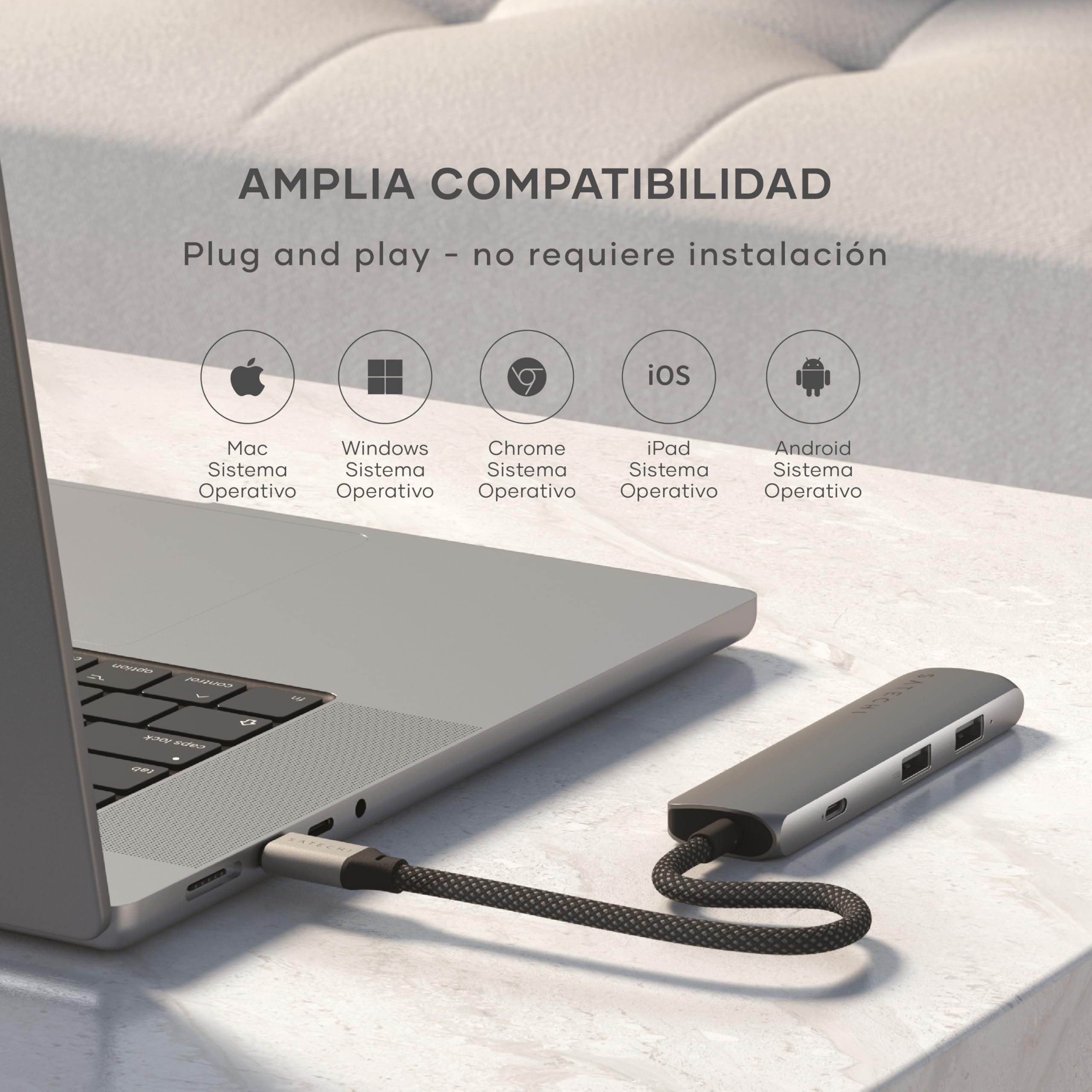 SATECHI Hub USB C 4 en 1 Slim Plus, PD 100W, HDMI 4K, Gris Espacial | 2x Puertos USB-A 10Gbps, vídeo 4K@60Hz, para MacBook Air/Pro/Neo, portátiles Windows y más