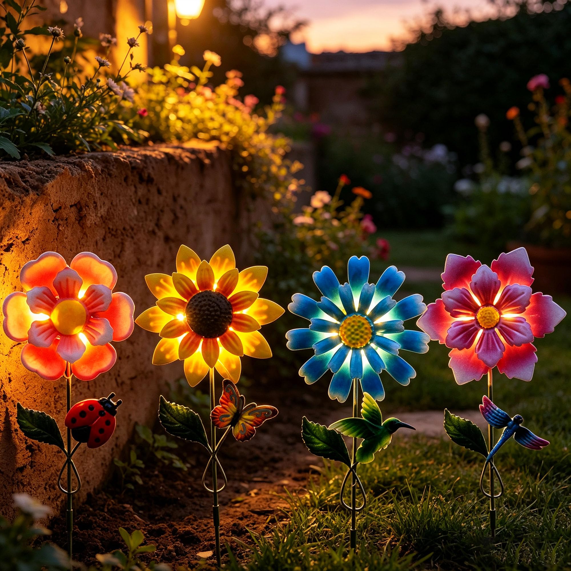 Solar Garden Stakes Lights for Outdoor Decor, 4 Pack Waterproof Metal Art Stick Flowers, Light for Outside Garden Patio Pathway Yard Backyard Porch Lawn