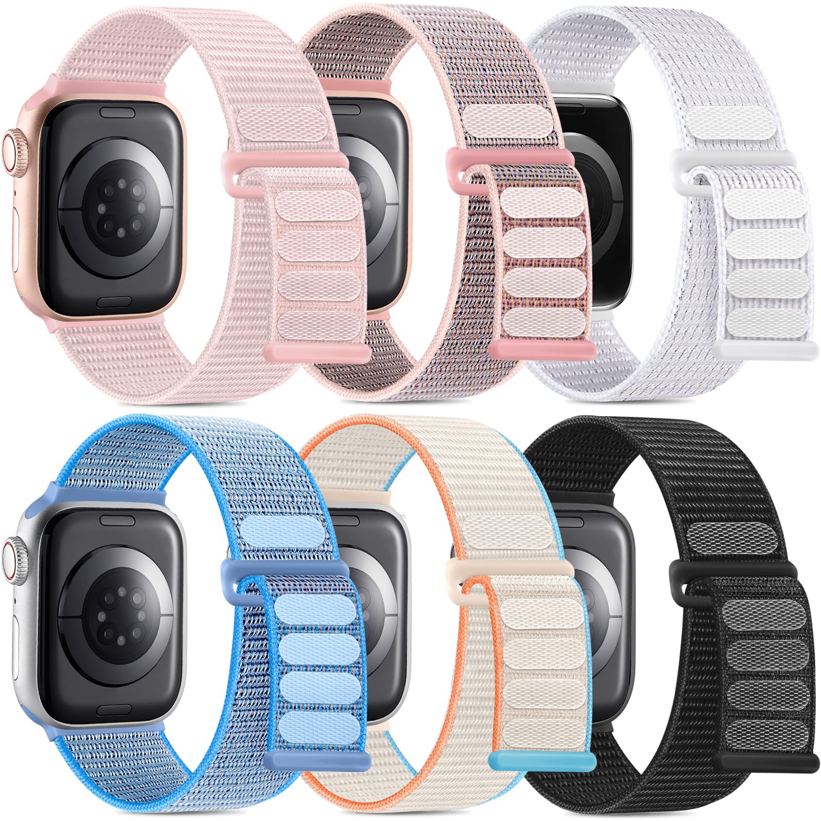 WJK Stretchy Nylon Straps Compatible with Apple Watch Bands 38mm 40mm 41mm 42mm 44mm 45mm 46mm 49mm for Women Men. Breathable Braided Band for iWatch Series 11 10 SE Ultra 9 8 7 6 5 4 3 2 1, 6 Pack