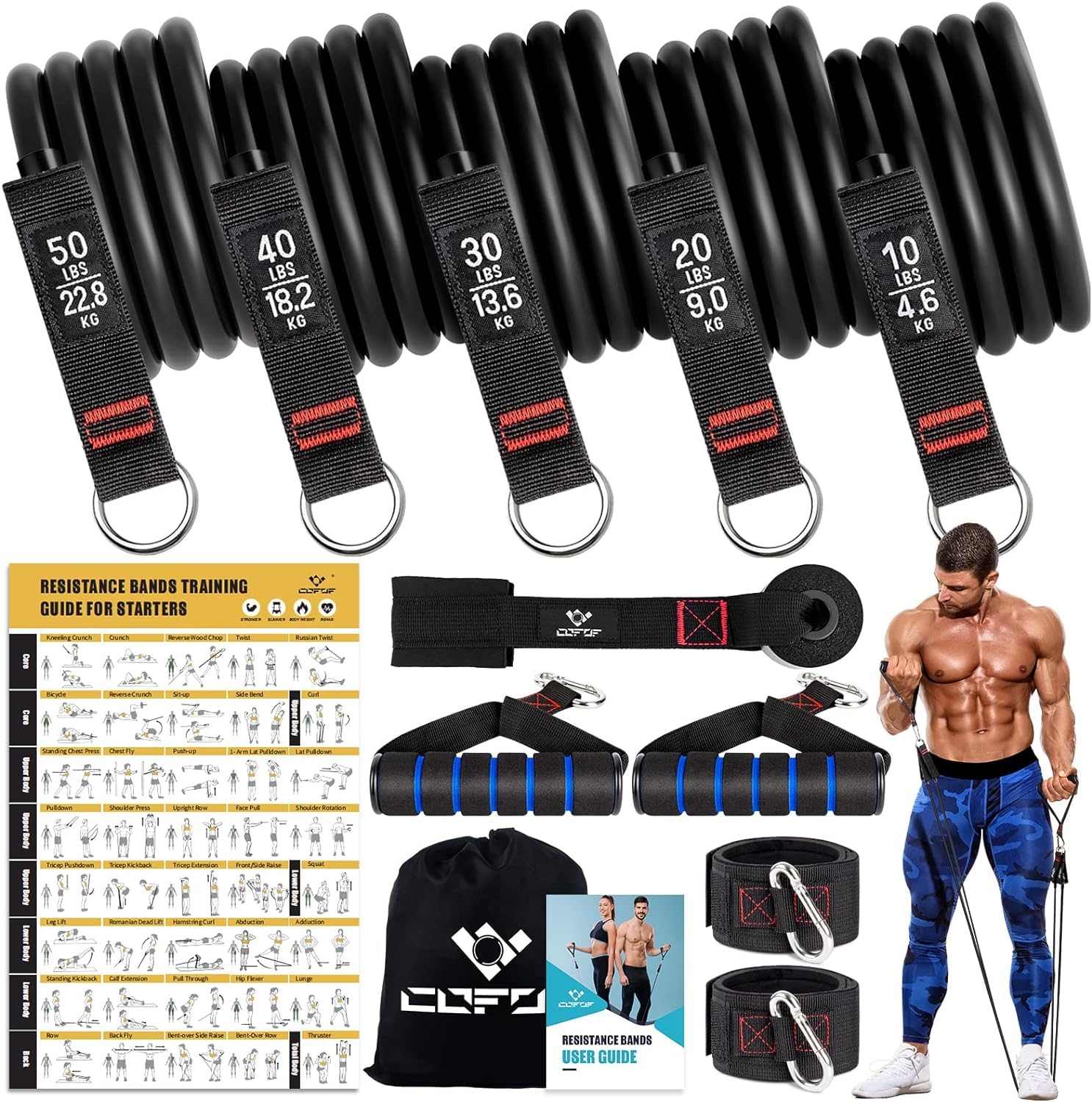 Resistance Bands Widerstandsbänder Set, 5 Fitnessbänder Expander Tube Bands, Fitnessband mit Großem Griff Knöchelriemen Türankerbefestigung Tragtasche, Ideal für Pilates Krafttraining