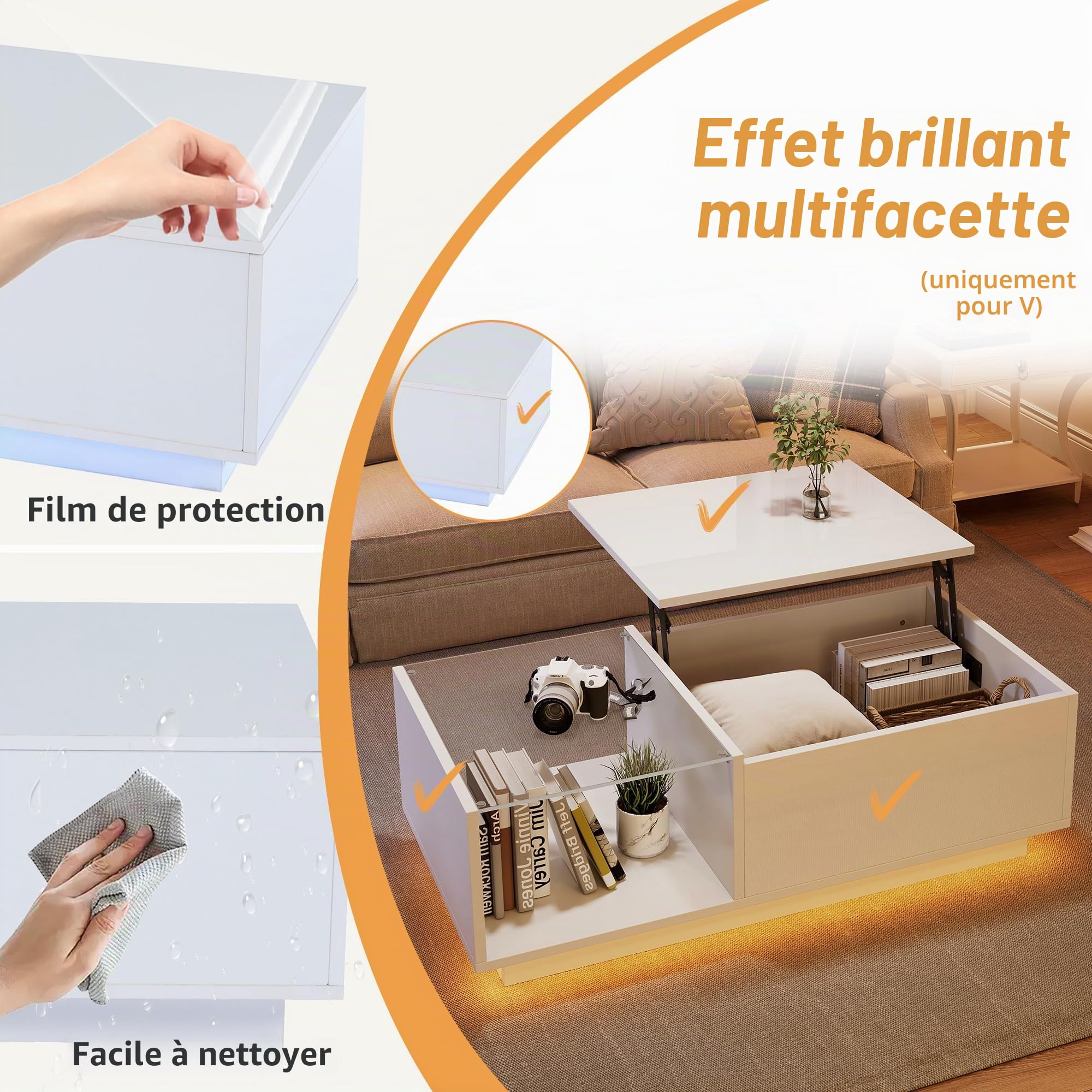 Merax Table basse de salon avec plateau réglable en hauteur, moderne table basse extensible avec LED, table de salon avec espace caché et vitrine en verre, table basse pour salon, bureau