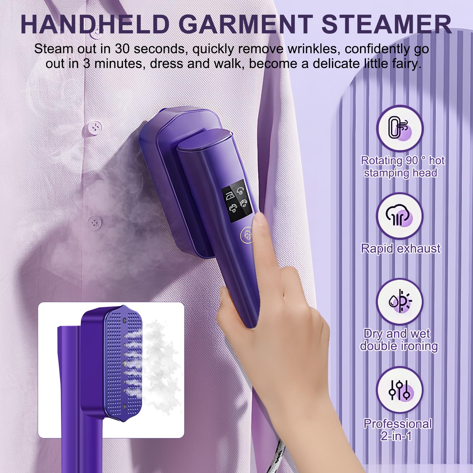 Ferro da Stiro Verticale, 2 in 1 Steamer Portatile a Secco e a Vapore 1200W, Ferro da Stiro da Viaggio con Display LED, Serbatoio da 100 ML, 4 Modalità, per Viaggi e a Casa (Viola)