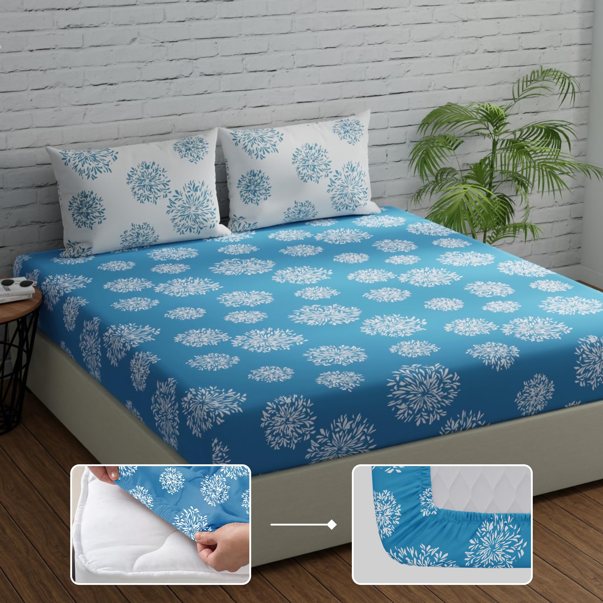 Huesland by Ahmedabad Cotton 144 TC Cotton Fitted Elastic Bedsheets King Size with 2 Pillow Covers | 72 x 78 inches | Blue & White