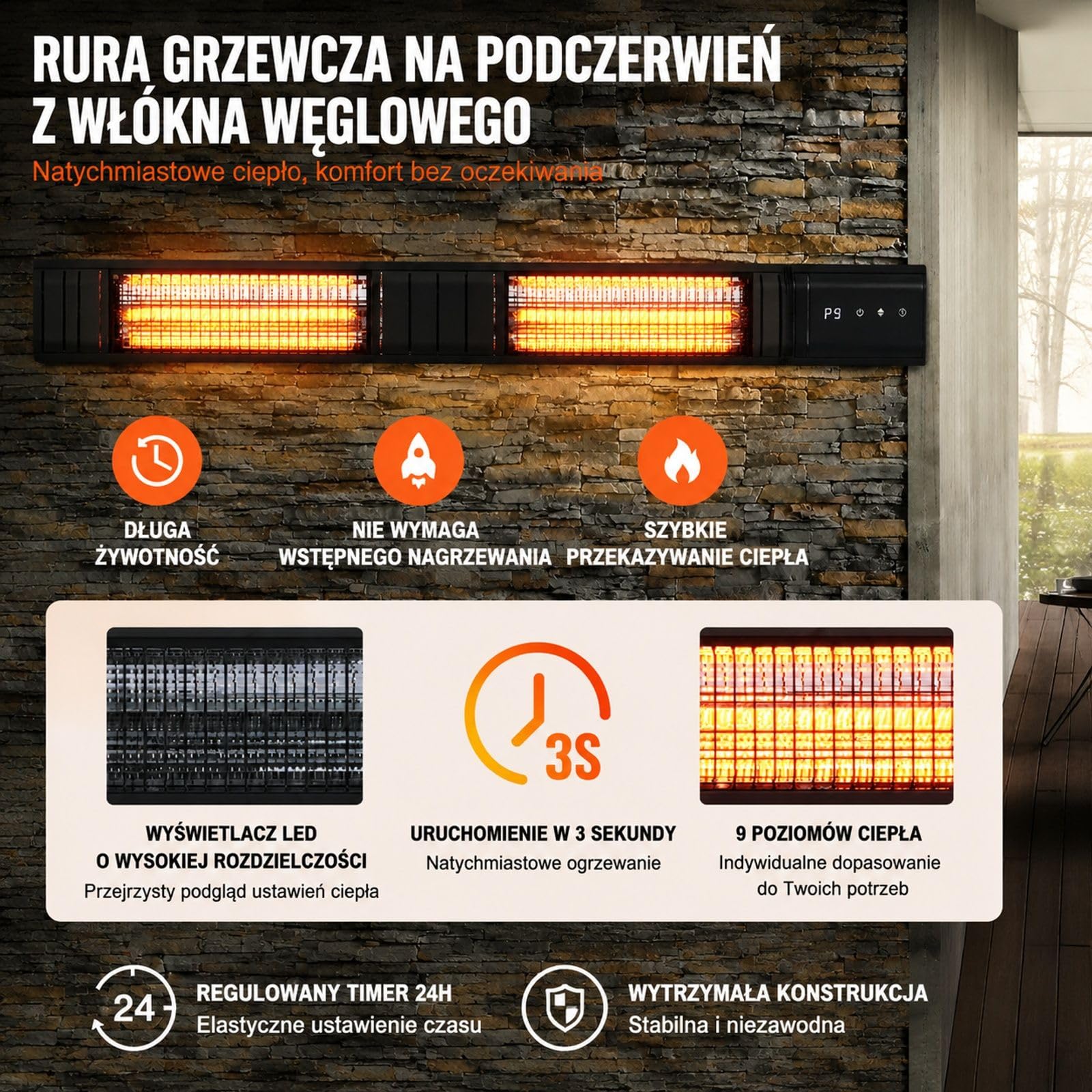 Elektryczny promiennik podczerwieni 3000 W, karbonowa rura grzewcza, montaż ścienny, do patio, ganku i ogrodu