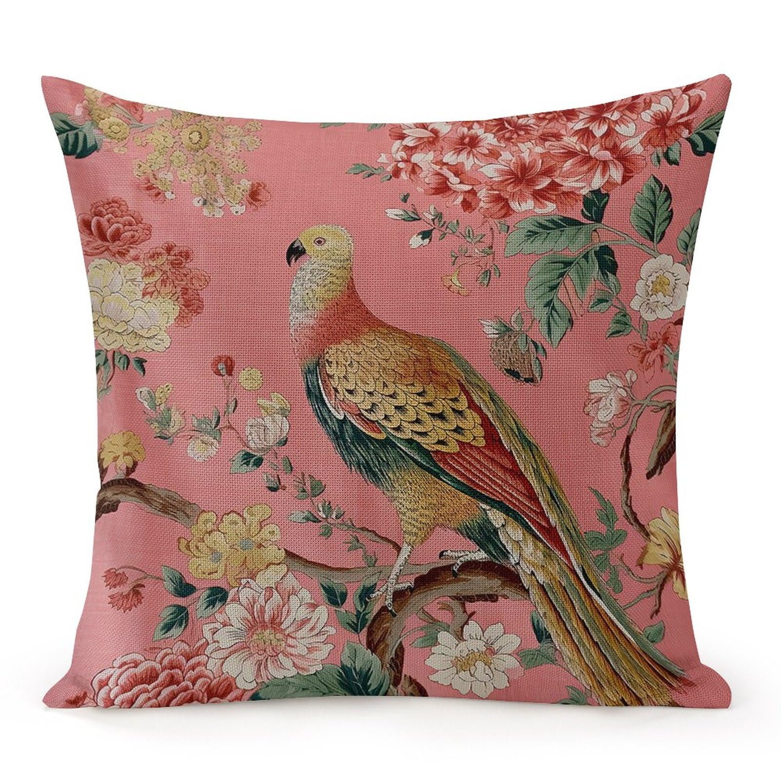 Farmhouse Zipped Pillow Cover Manor Blush Chinoiserie Peacock Bird Floral Decorative Throw Cushion Cover Cases for Home Office Living Room Bedroom Chair Decorations 16x16in Pillowcase for Girl