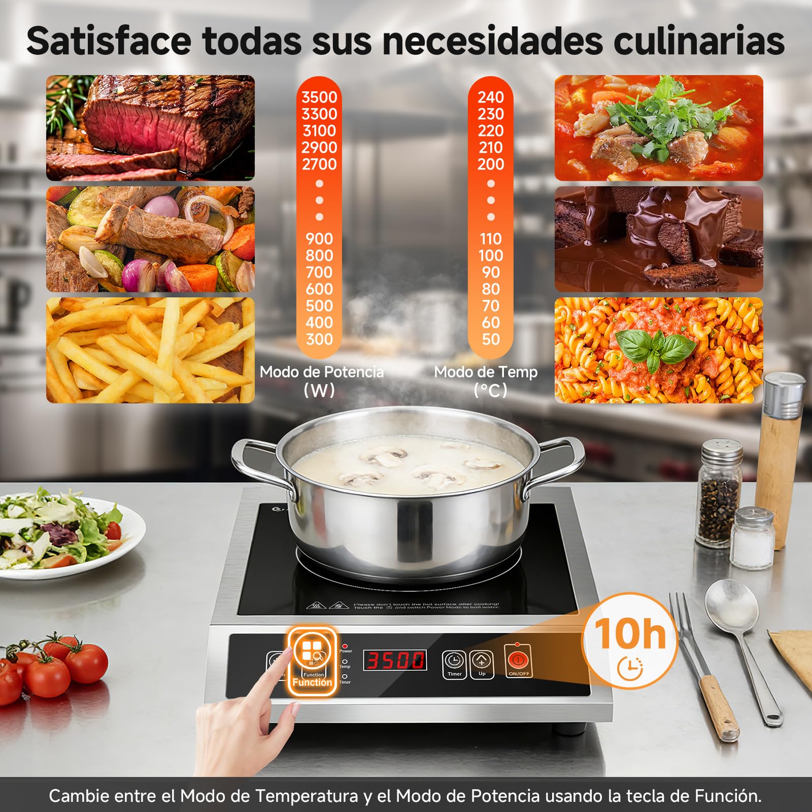 AMZCHEF Placa Inducción Comercial 3500W, 21 Niveles de Potencia & 20 Niveles de Temperatura, Cuerpo de Acero Inoxidable, Temporizador 10H, Adecuado para Cocina de Catering Profesional Restaurante