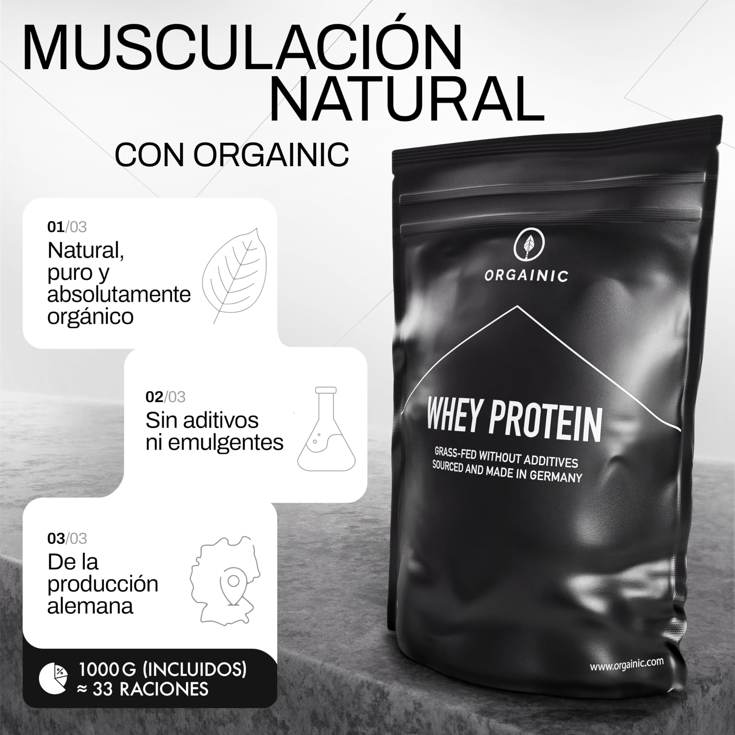 ORGAINIC Proteína de Suero de Leche - Aroma Natural - Con Aminoácidos Esenciales, No Esenciales y BCAA para Ganar y Aumentar Masa Muscular - Procesado en Frío, Sin GMO - Bolsa 1000g, Vainilla