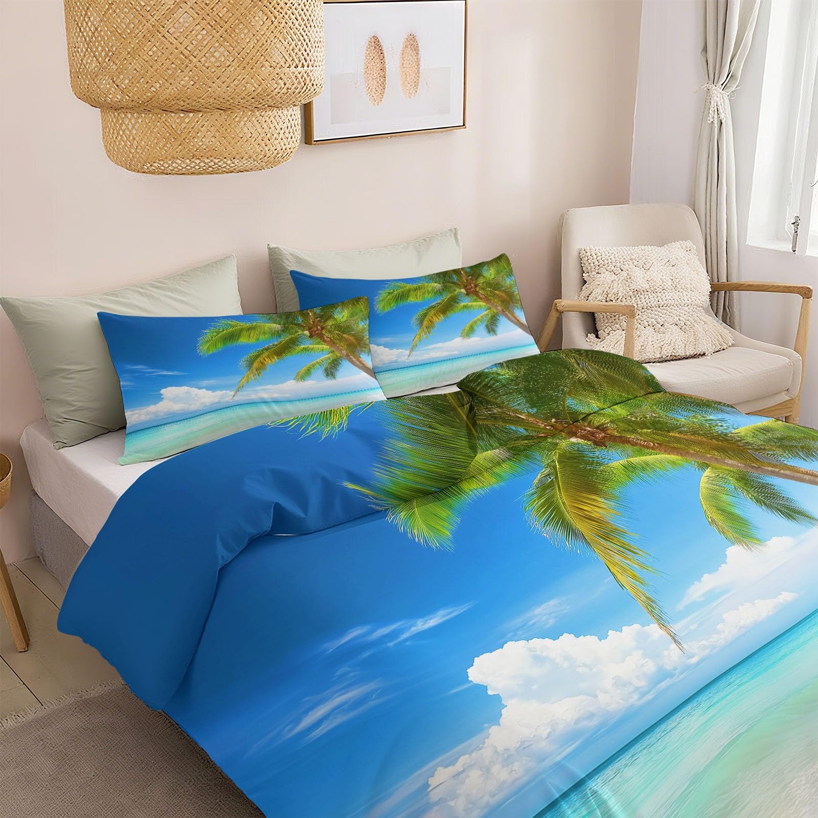 Generisch Bettwäsche Sets Dunkelblau Mikrofaser Mit Reißverschluss - 240 X 220 cm + 2 Kissenbezüge 80 X 80, Bettwäsche Tropischer Strand Mit Palmen, Bügelfrei & Knitterfrei Bettbezug