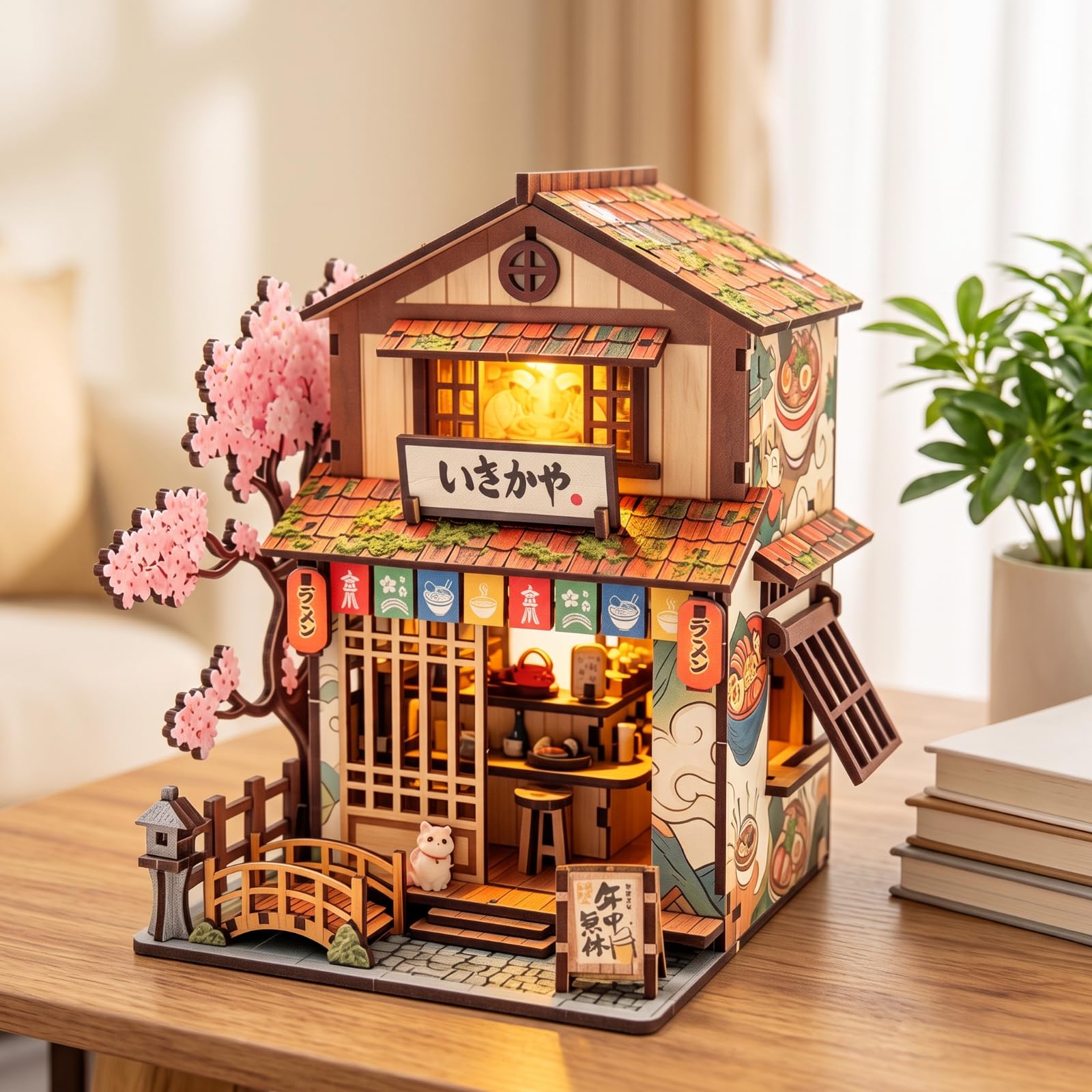 Miniatura Edificio Blocchi Costruzione Kit Modello Casa Vetrina Decorazione Tavolo Luce Calda Legno con Tetto a Strati Finestra E Porta a Insegna