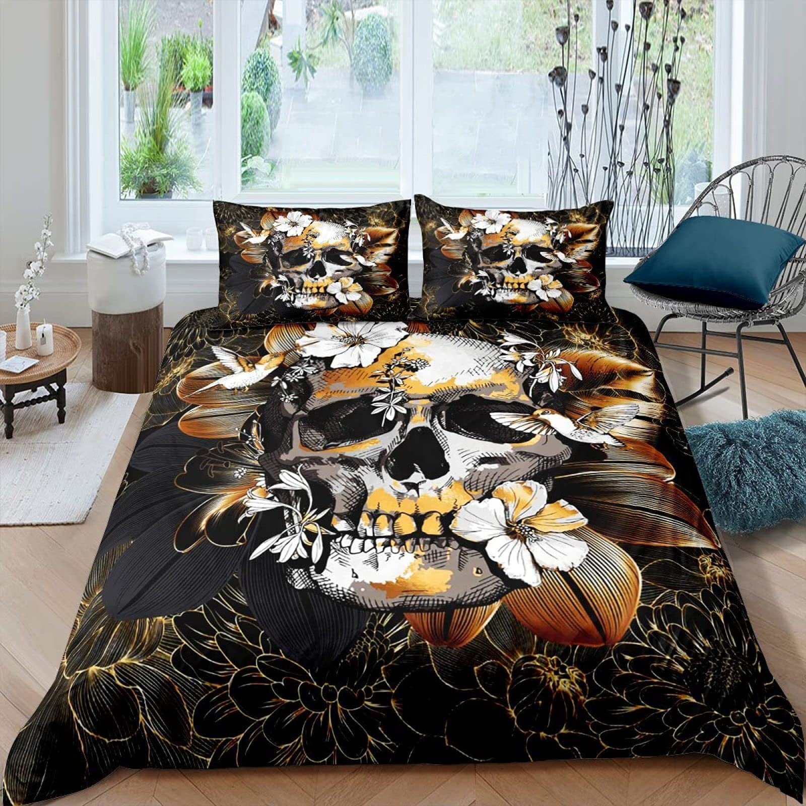 Pościel 200 x 220 cm, szara czaszka, zestaw pościeli z zamkiem błyskawicznym, dla dorosłych i dzieci, miękka, oddychająca pościel z mikrofibry + 2 poszewki na poduszkę 80 x 80 cm