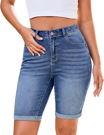 Vetinee Bermuda Jean Shorts for Women High Waisted Knee Length Stretchy Rolled Hem 10 Inseam Denim Shorts Summer Jorts