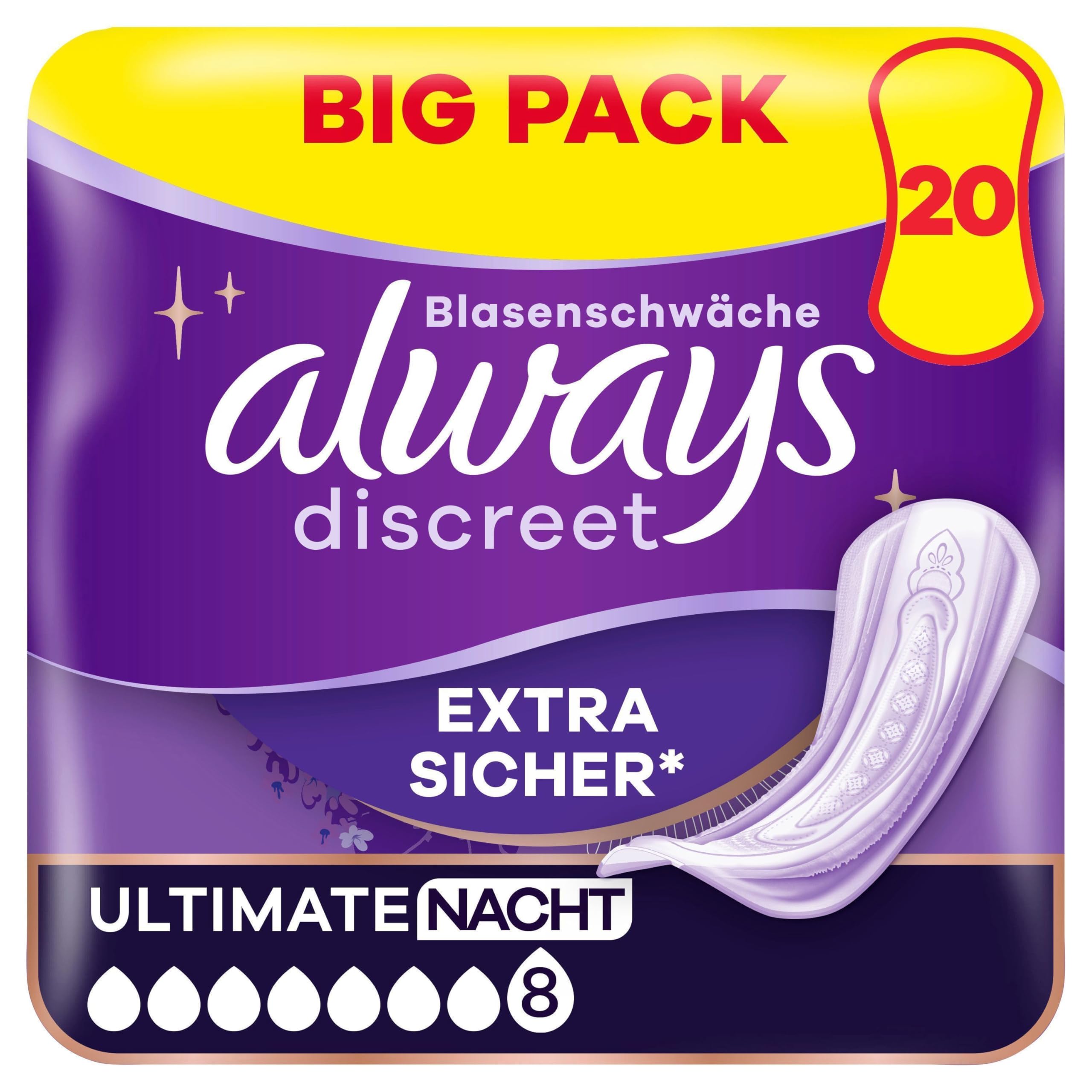 Always Discreet Inkontinenzeinlagen für Frauen Ultimate Nacht 20 Stück Extra Sicher und Diskret