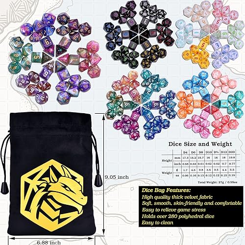 Miniatura 6 de Juego de dados RPG de 30 x 7 dados poliédricos DND (210 piezas) con una bolsa grande con cordón para juegos de rol de mesa de Calabozos y Dragones