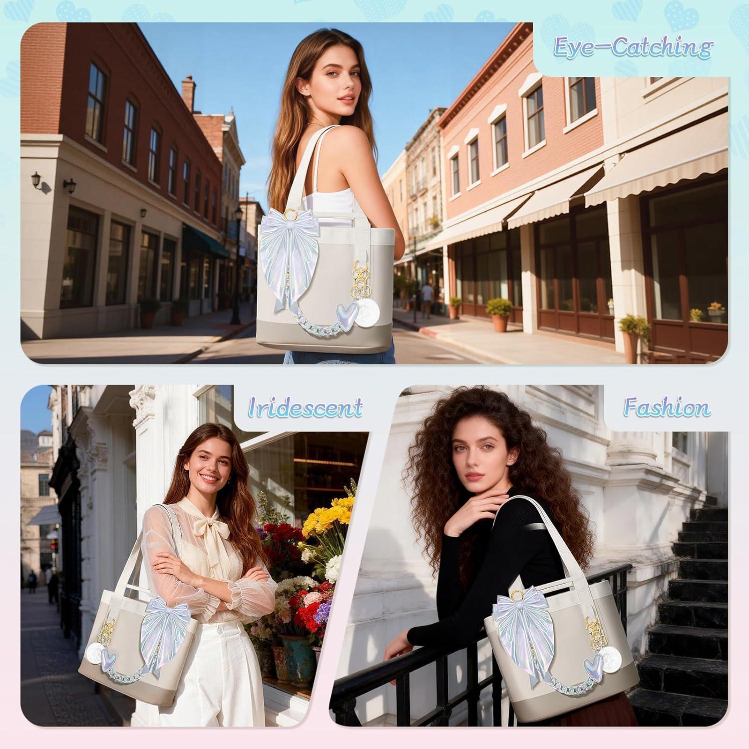 WUQID 4 Pcs Tote Bag Decor Kit, Iridescent Gradient Bag Accessories with Bow, Heart, Acrylic Chain & Pom Pom, Compatible with YETI Camino 20/35/50 Carryall & Bogg Handbag Charms