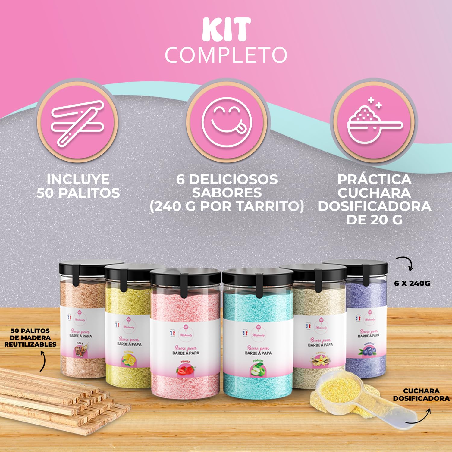 Misskandy® Kit de azúcar de algodón de 6 sabores, 72 porciones - Incluye 50 palitos para máquina de algodón de azúcar - Los sabores incluyen cola, vainilla, fresa, arándano, limón y manzana