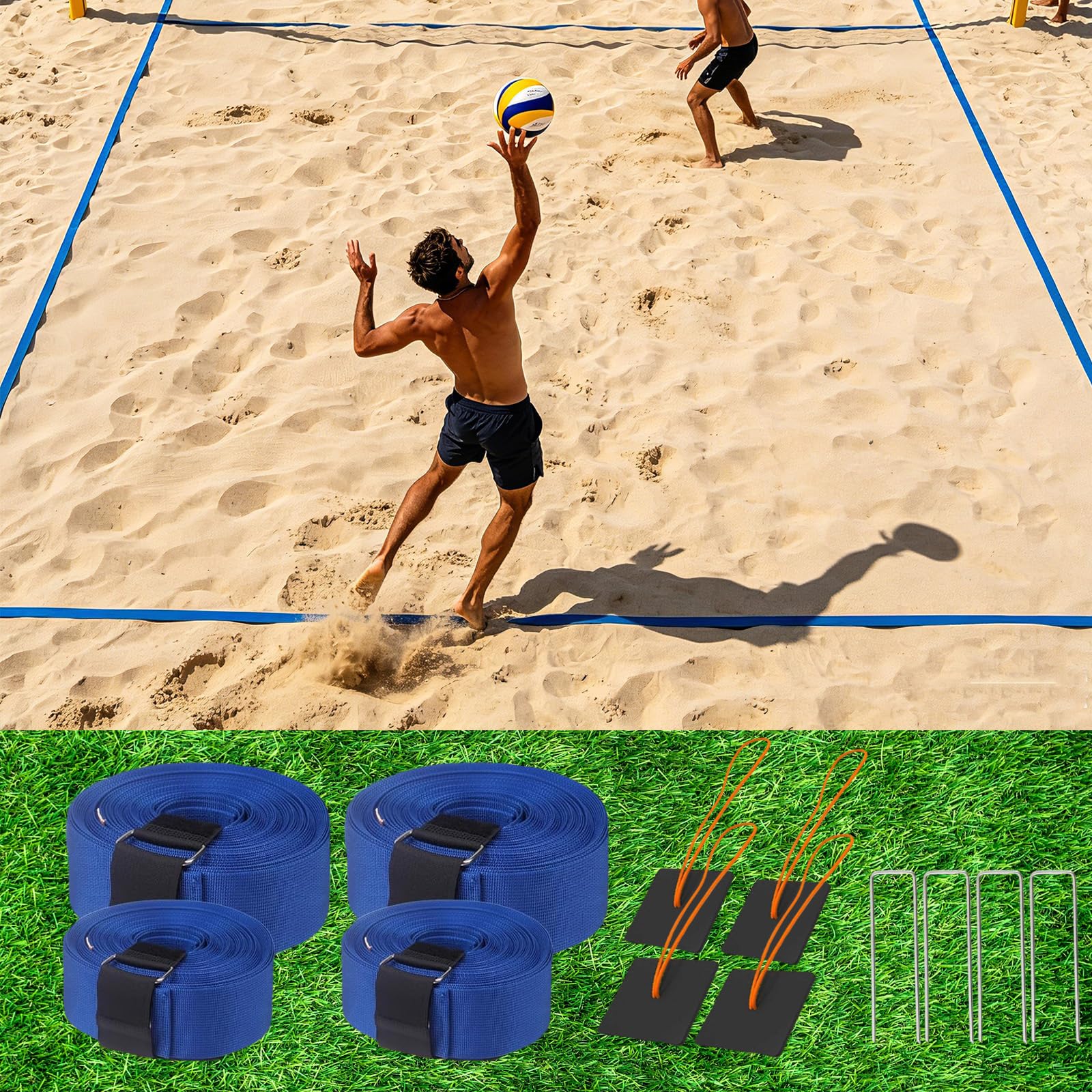 Lignes de volleyball de plage 2 en 1, marquage de terrain de jeu avec ligne centrale, lignes de terrain de volley-ball portables à fixer pour plage de sable et pelouse, lignes de place pour les sports