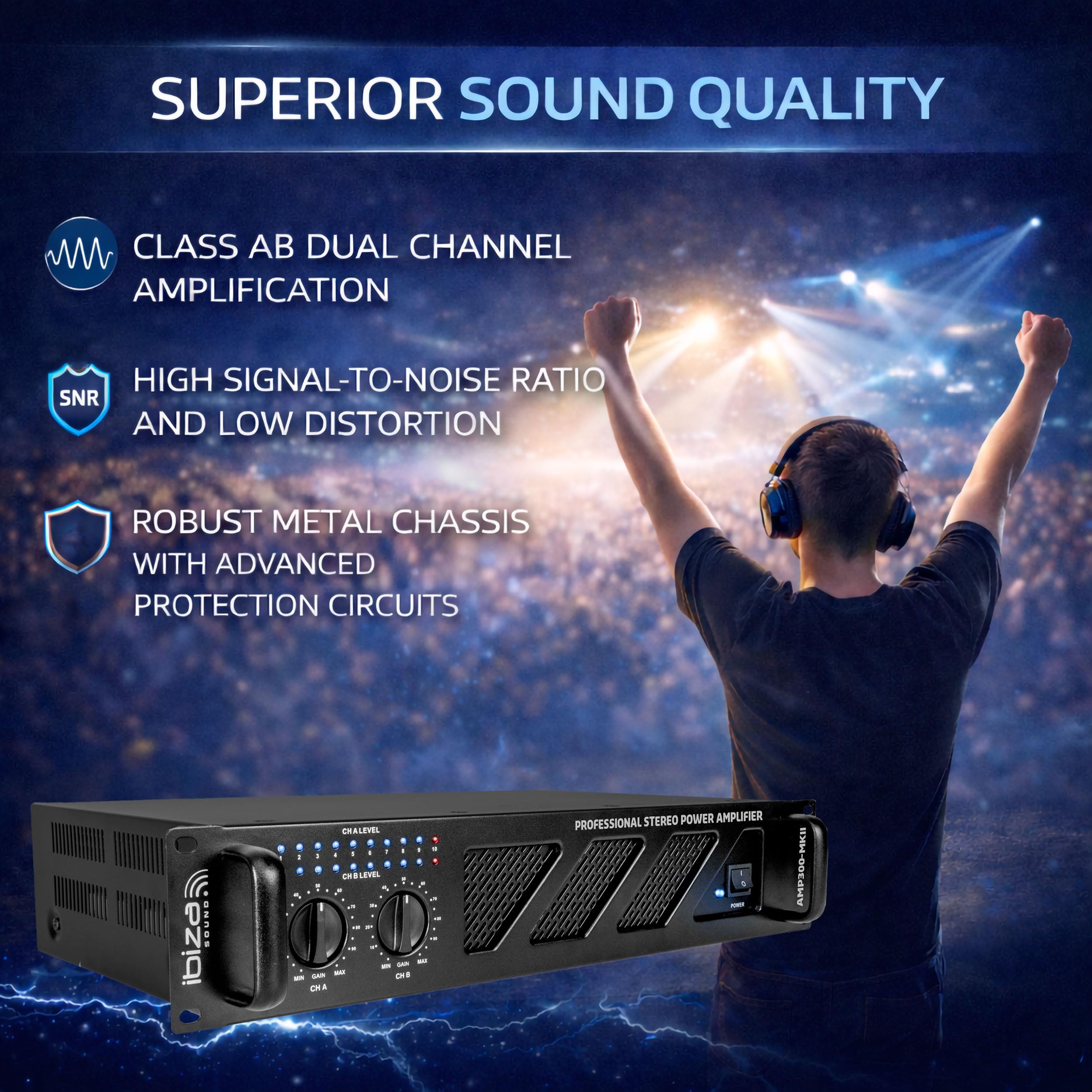 Ibiza AMP300-MKII Amplificador PA profesional 2x240 W – Amplificador de potencia estéreo montable en rack de 19” con entradas RCA/Jack, salidas Speakon/bloque de terminales y protección electrónica