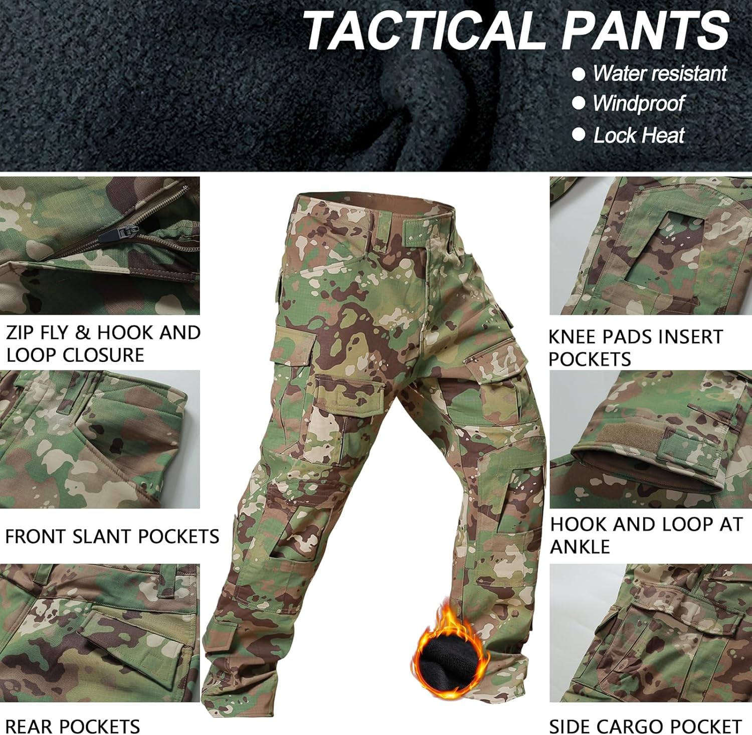 Men's Fleece Lined Tactical Pants Waterproof Hiking Pants Casual Thermal Cargo Pants Winter Insulated Work Pants - Image 4