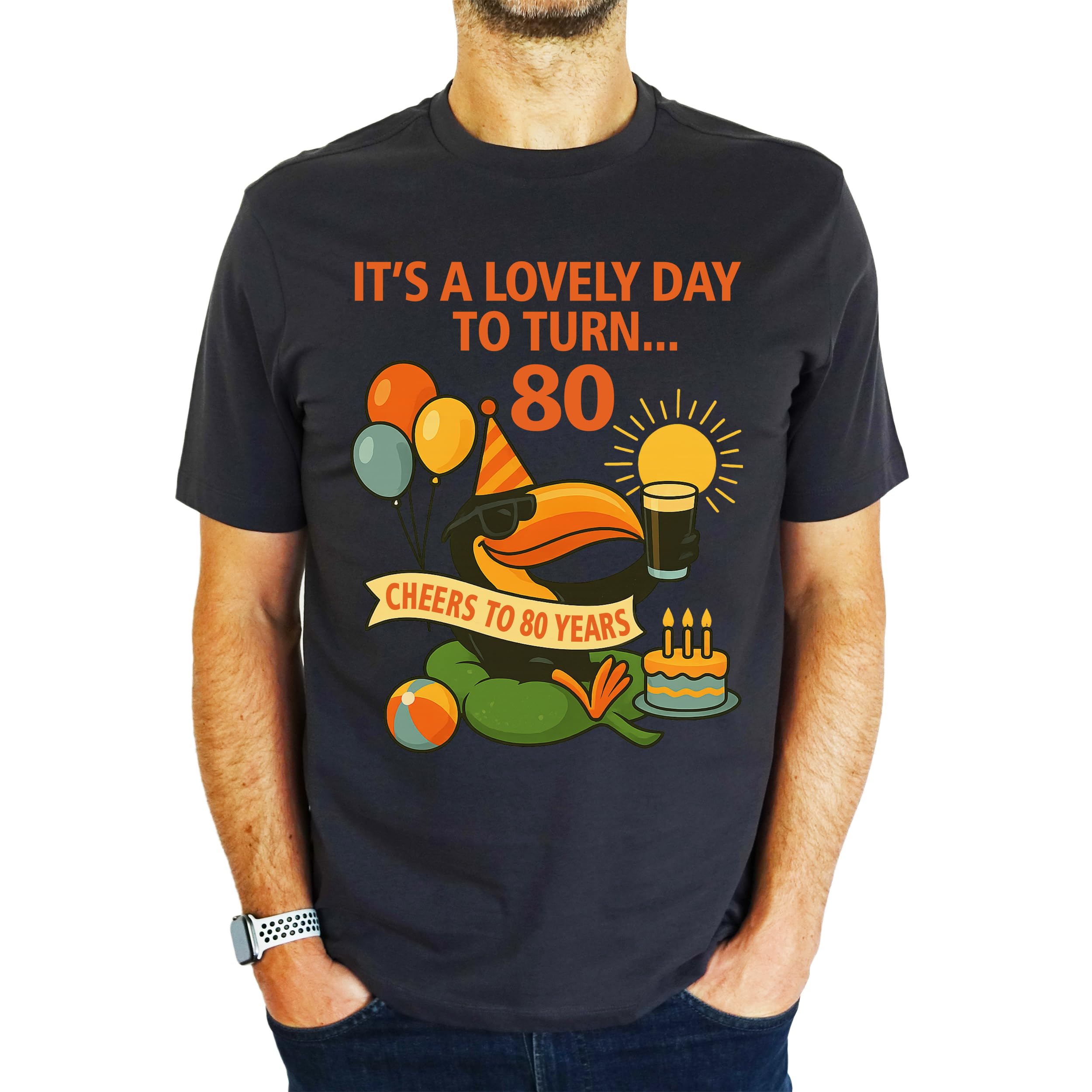 My Generation Gifts Men's Charcoal Grey It's A Lovely Day To Turn 80 Toucan - 80Th Birthday Gift | Present T-Shirt L