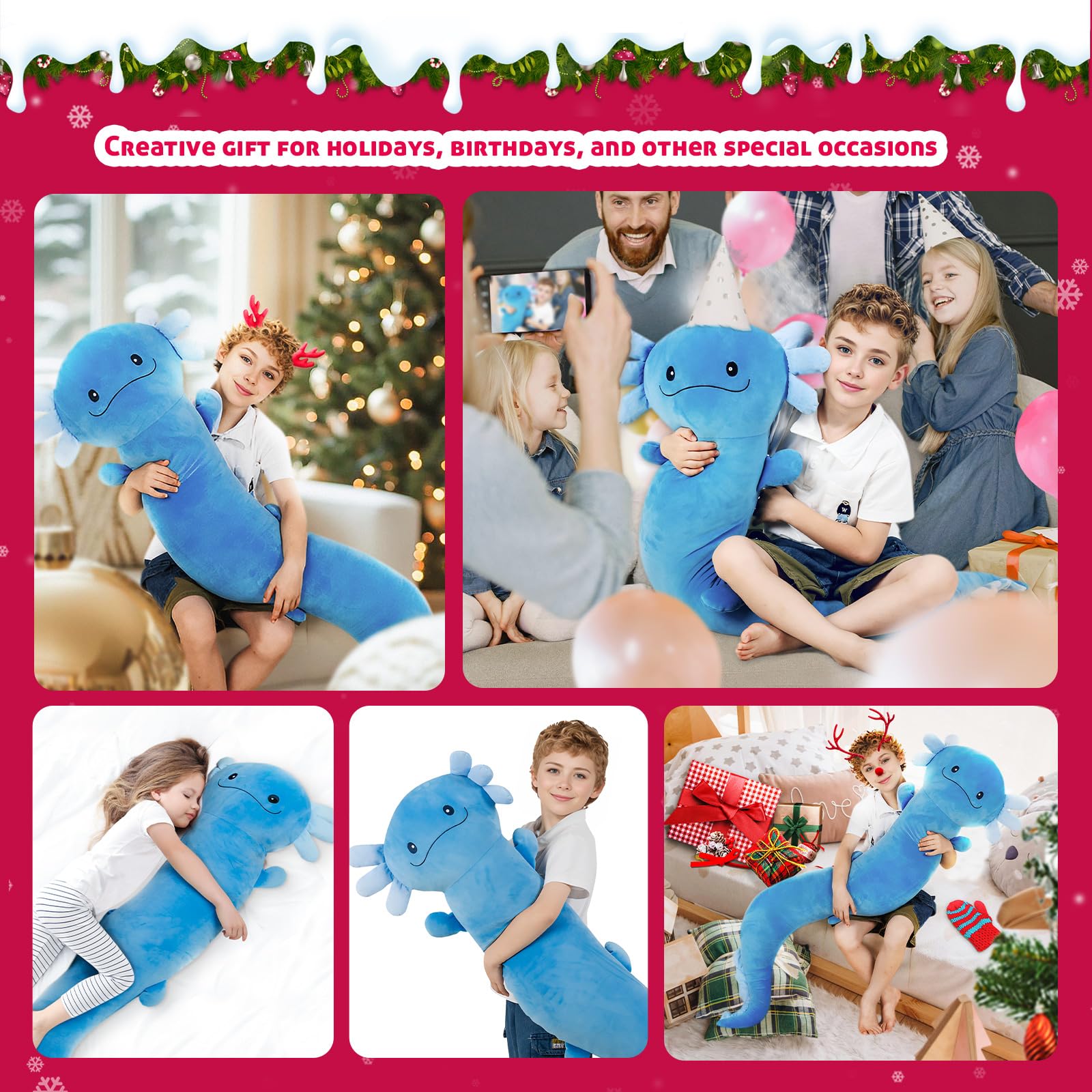 Dalmao 120cm Riesen Axolotl Plüsch Gefülltes Tier, Große Blau Axolotl -Kissen -Kissenspielzeug im Dunklen, Riesigen Schlaftkissen für Kinder, Geburtstag, Ostern