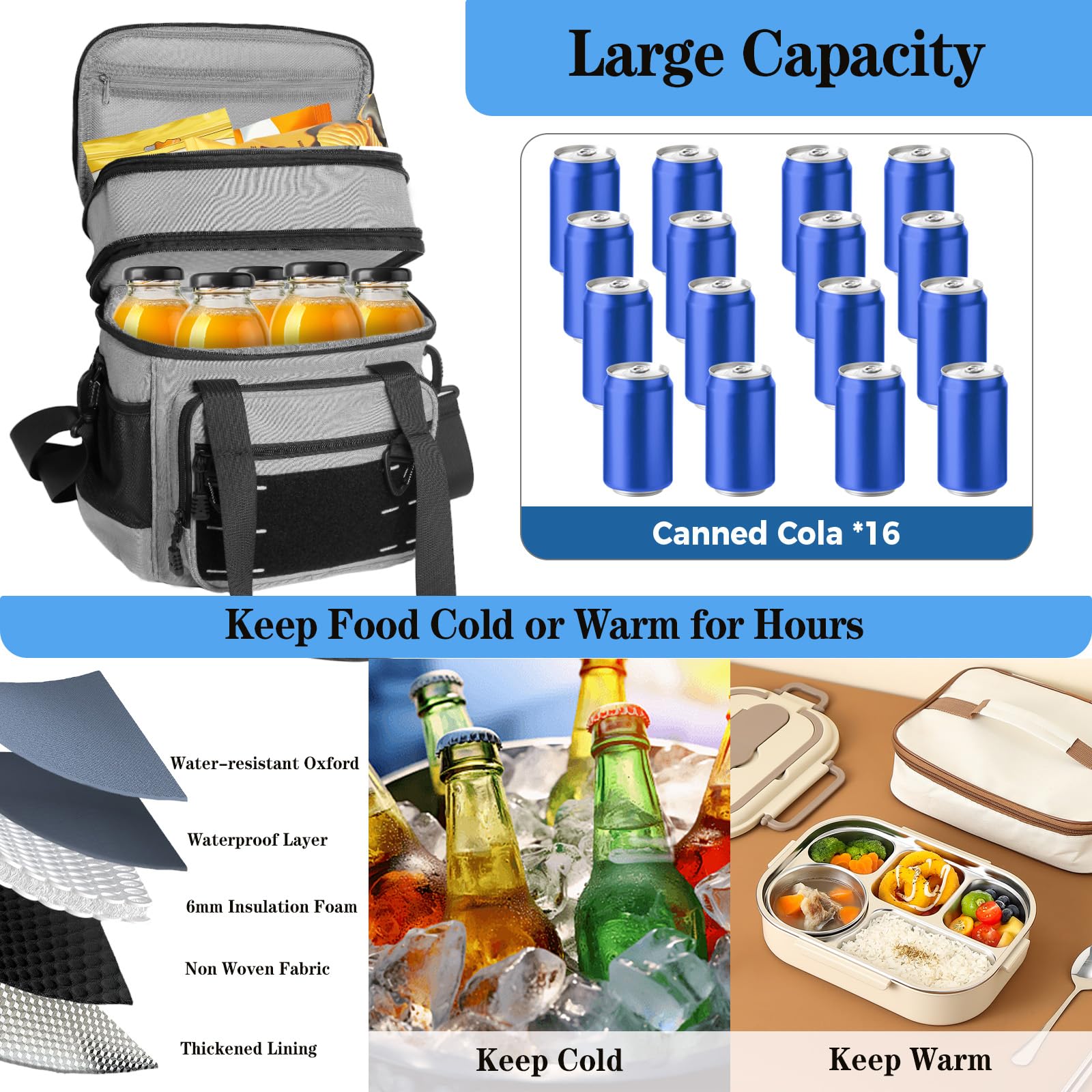 Borsa termica per il pranzo, borsa termica tattica per uomo, grande secchiello per il pranzo per adulti, lavoro all'aperto, turni viaggi, grigio, 16 l