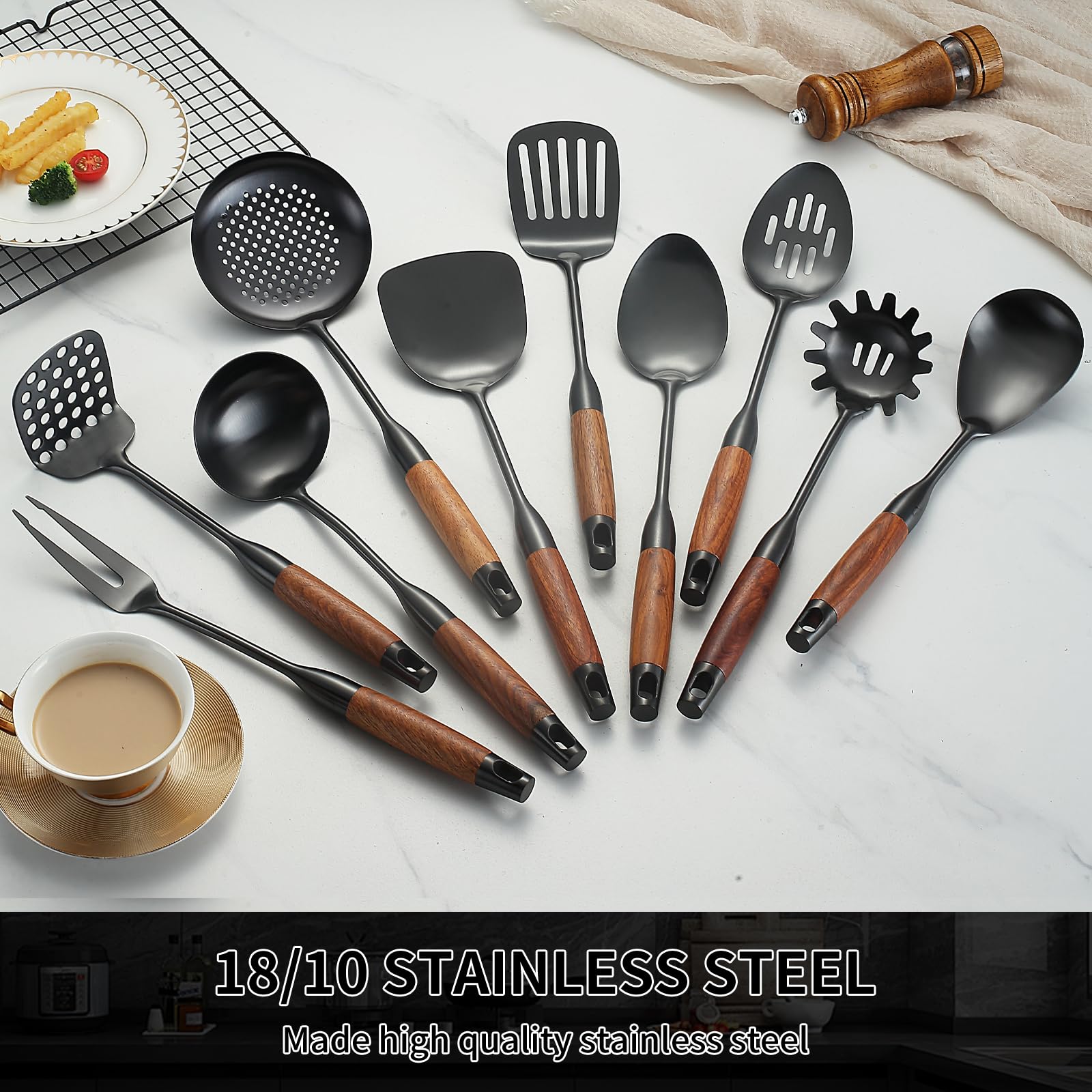 Küchenutensilien-Set aus Edelstahl mit Holzgriff, 18/10 Metall-Kochutensilien-Set, 10-teilig – Spatel, Löffel, Schöpflöffel, Schaumlöffel, Schaumwender, Pasta, Pfannenwender, Schöpflöffel, Gabel