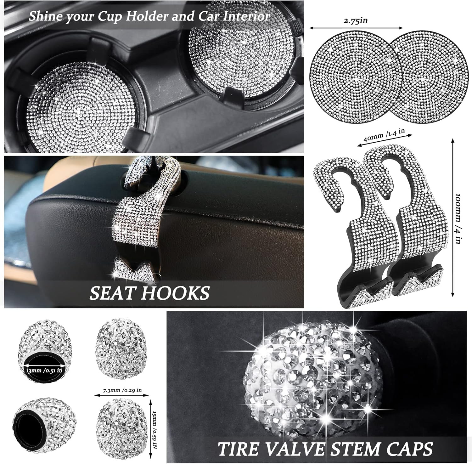 15 Pcs Bling Car Accessories Set for Women Rhinestone Steering Wheel Cover 15 Inch 2 Sparkly Diamond Seat Belt Covers 2 Crystal Hooks 4 Valve Caps 2 Cup Mats 2 Sticker 1 Phone Holder 1 USB Port - Image 4