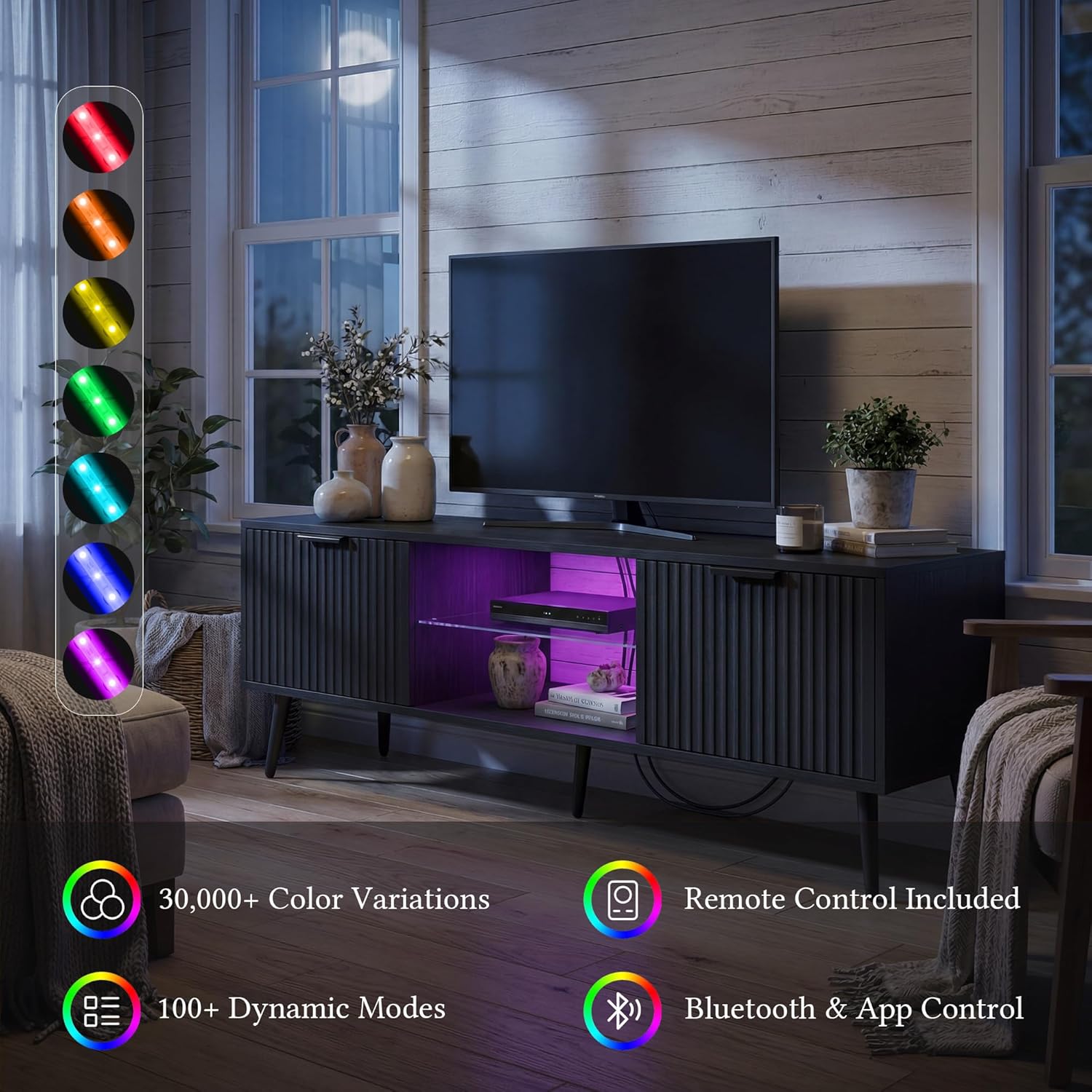 Foxemart Black TV Stand Media Console Table for 30 32 40 43 50 55 60 Inch TV, Modern Entertainment Center with Power Outlet & RGB LED Lights, Adjustable Glass Shelves for Living Room Game Room