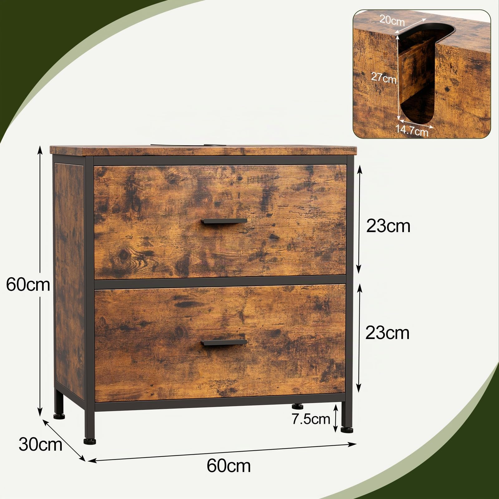 ELUCHANG Mobile Sottolavabo per Bagno, Mobiletto da Bagno, 2 Cassetti,60x30x60cm, Mobile in legno MDF E1 e metallo, Antiacqua e antimuffa, Ideale per bagno piccolo e WC ospiti, con Piedini