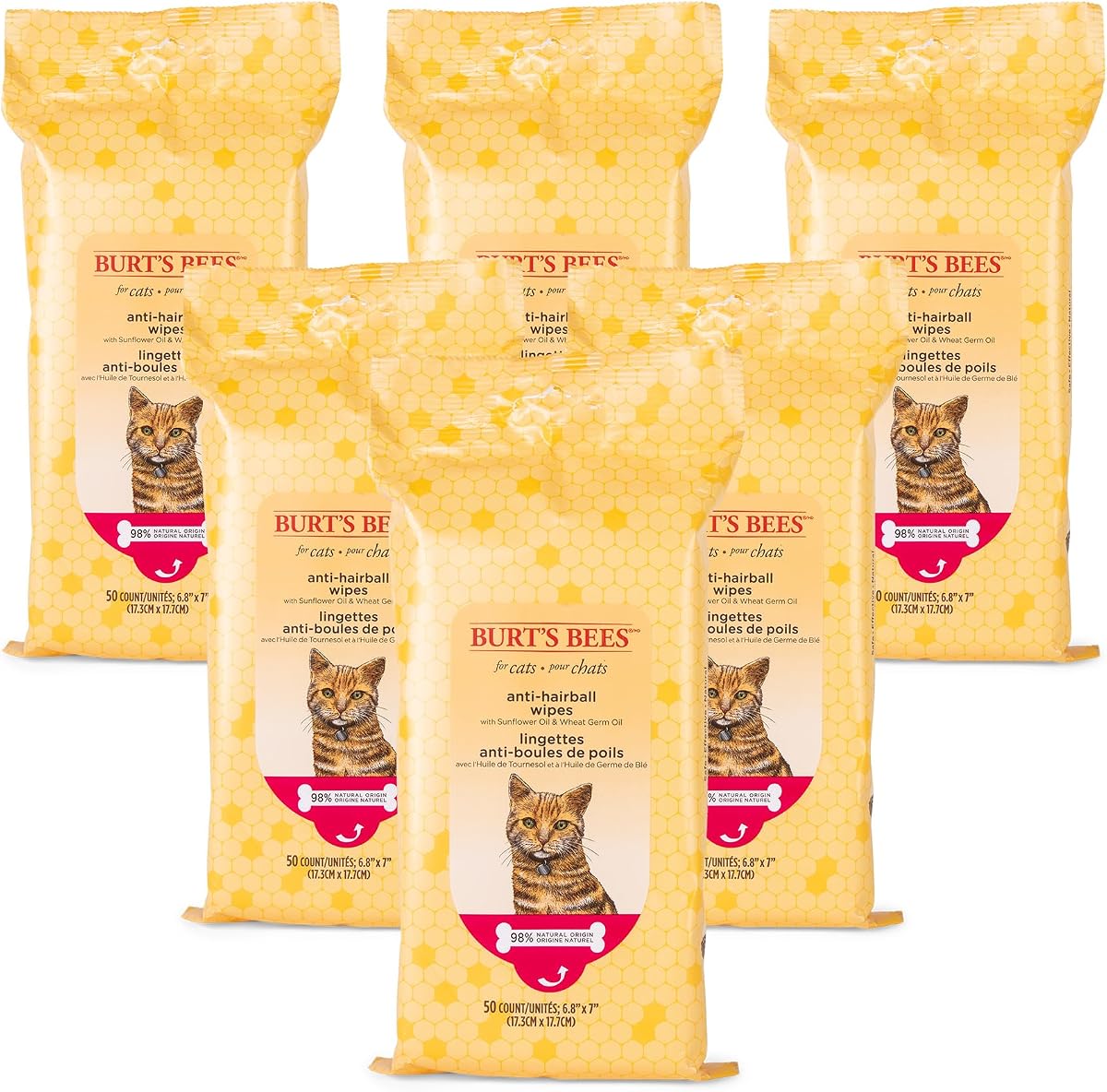 Burt's Bees for Pets Anti-Hairball Cat Wipes, 50 Count, 6-Pack | Sunflower and wheat germ oil formula, 98 percent natural origin, cruelty-free, pH-balanced, made in USA