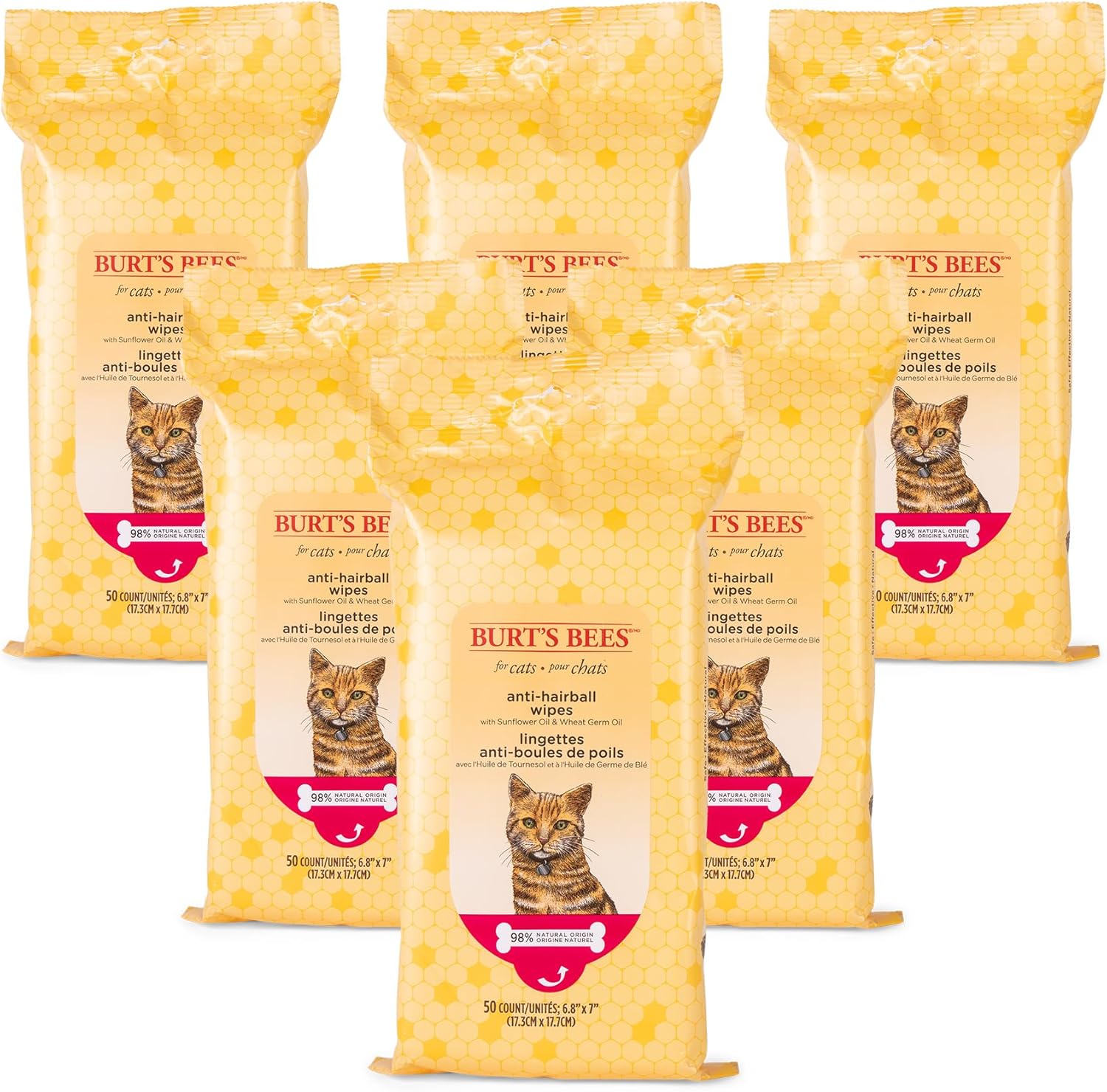 Burt's Bees for Pets Anti-Hairball Wipes for Cats, Sunflower Oil and Wheat Germ Oil, 98% Natural Origin, Cruelty-Free Cat Hairball Remedy Wipes, pH Balanced, Made in the USA, 50 Count - 6 Pack