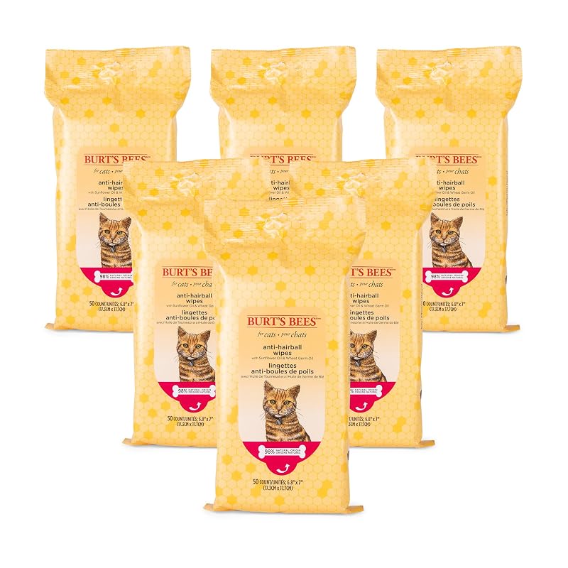 Lenços umedecidos para gatos Burt's Bees for Pets Anti-Hairball para cuidados da pelagem, pacote com 6 de 50 unidades