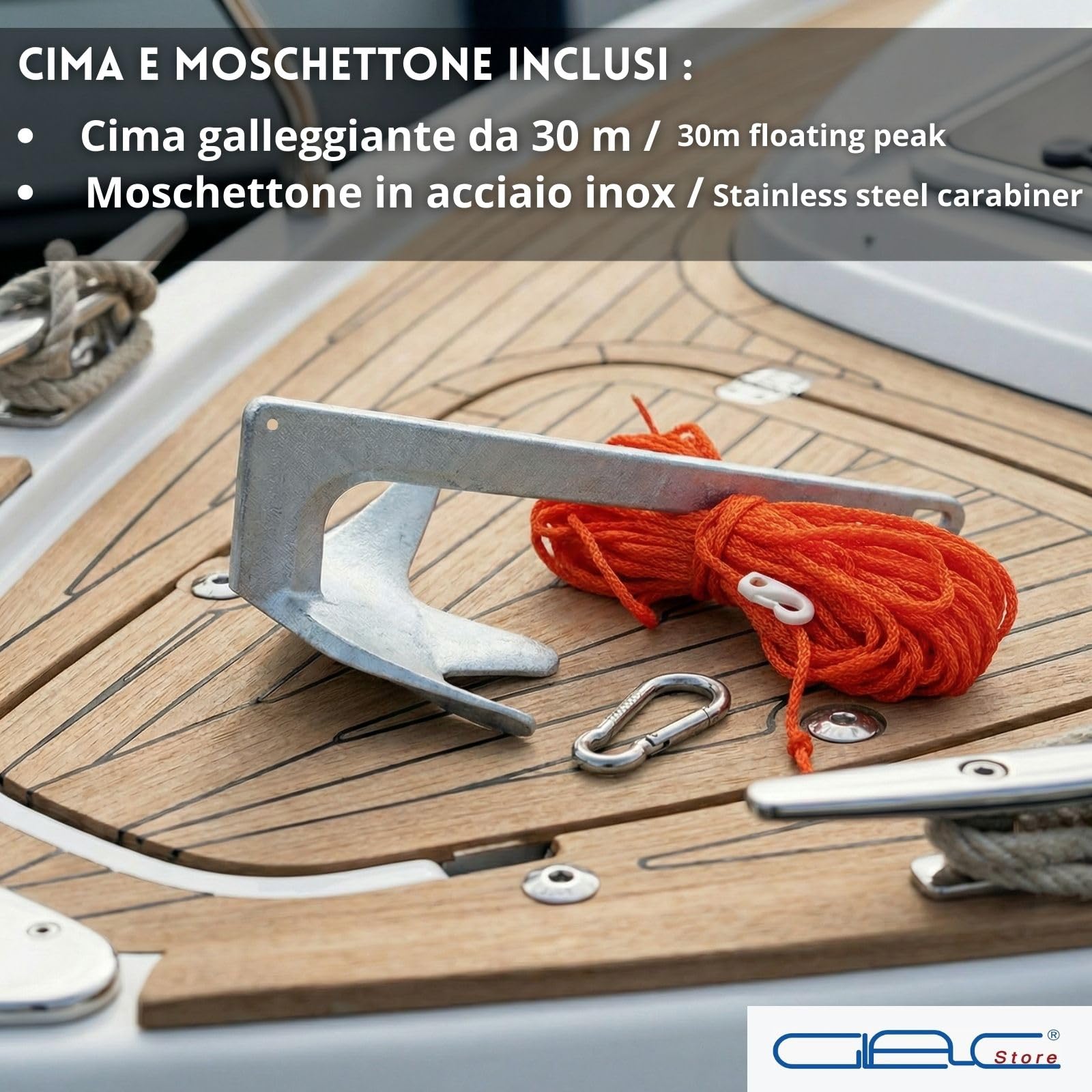 Ancora Bruce Trefoil in Acciaio Zincato a Caldo con Cima Galleggiante 30m e Moschettone Inox, Monoblocco per Barca e Gommone, 2,5Kg 5Kg 7,5Kg 10Kg